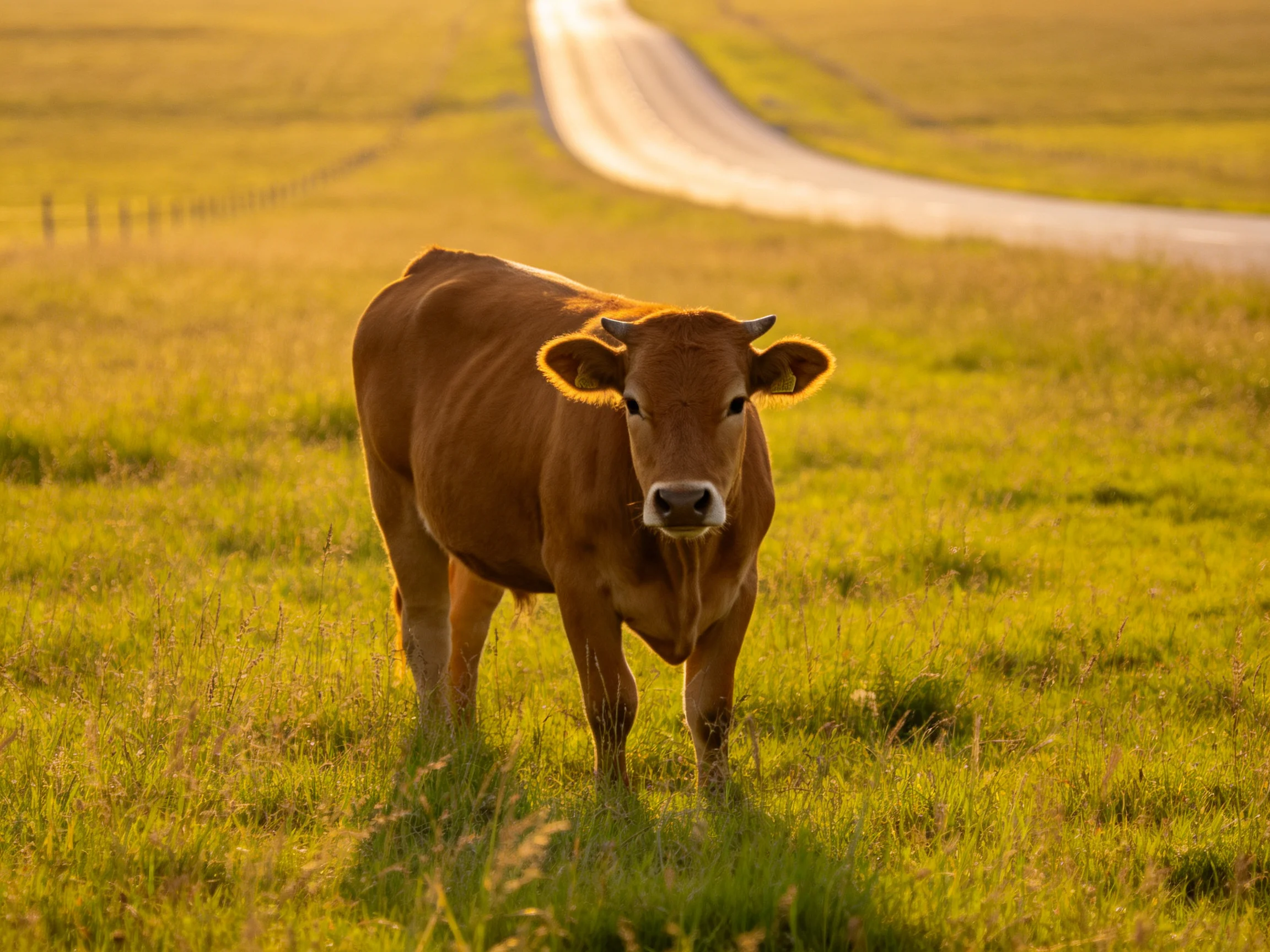 A brown cow stands in a golden-green pasture near a winding road