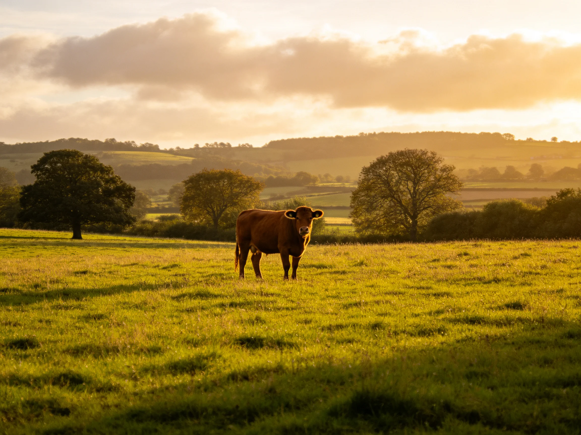A brown cow stands in a golden-hued meadow with distant trees