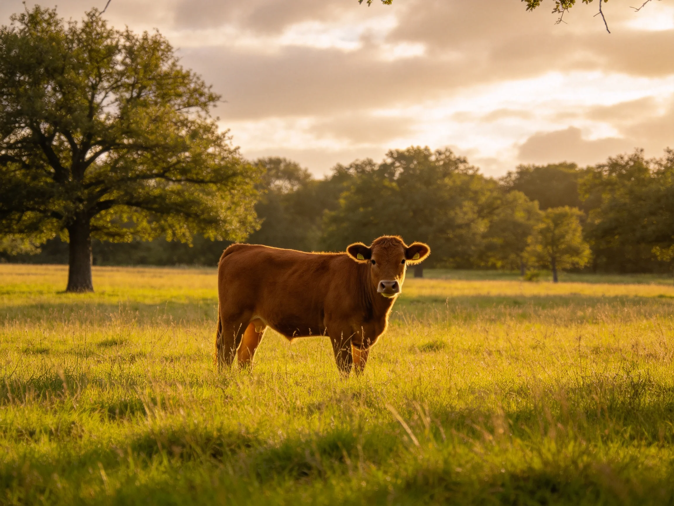 A brown cow stands in a golden meadow near large trees
