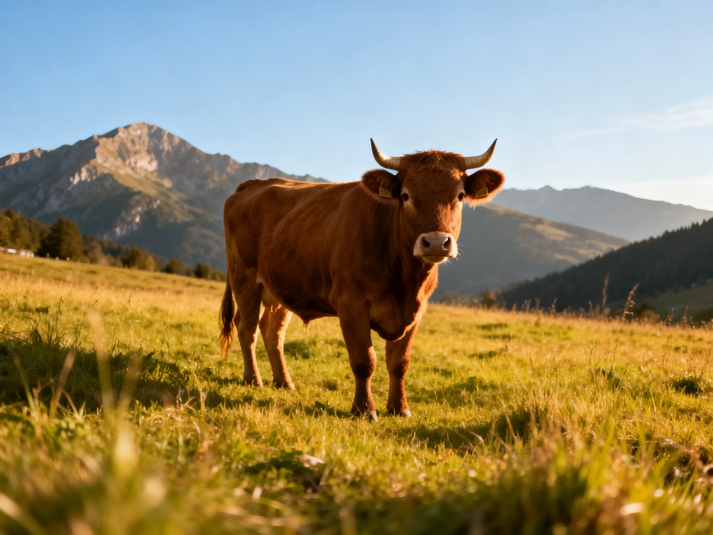 A brown cow stands in a golden meadow near misty mountains