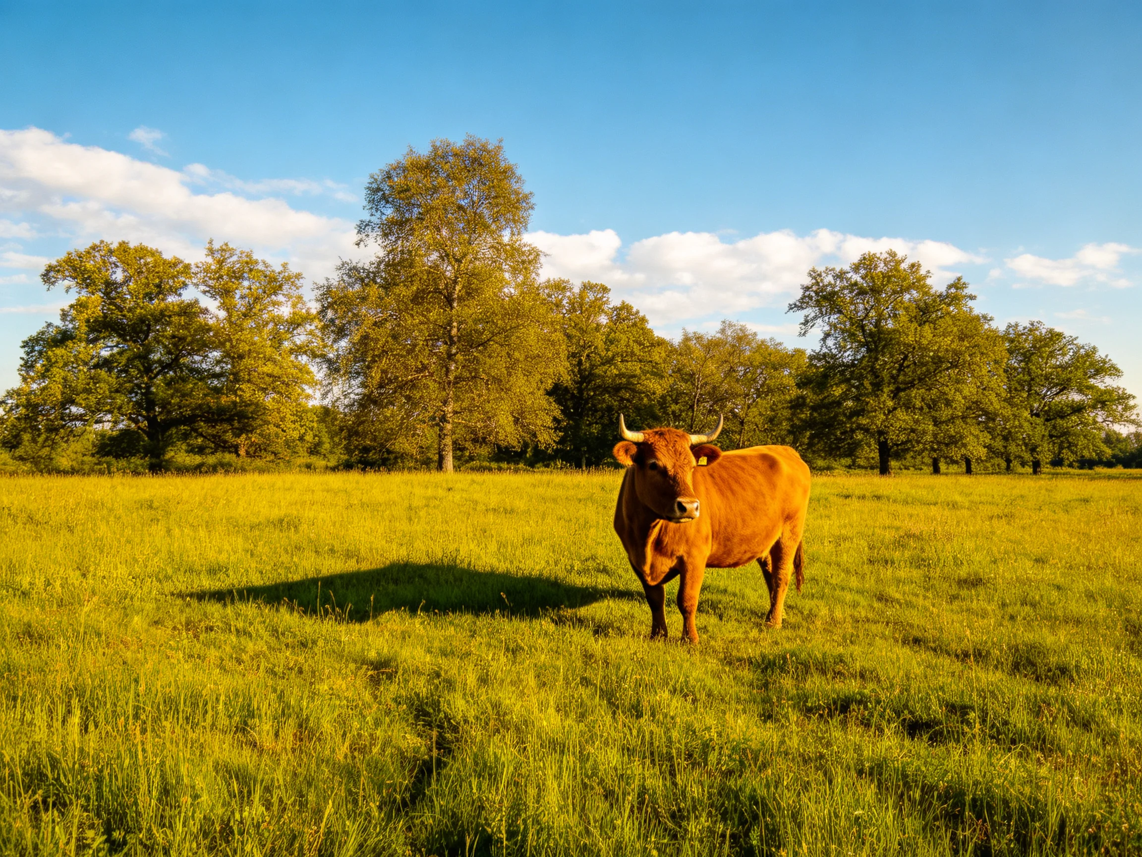 A brown cow stands in a golden meadow near tall green trees