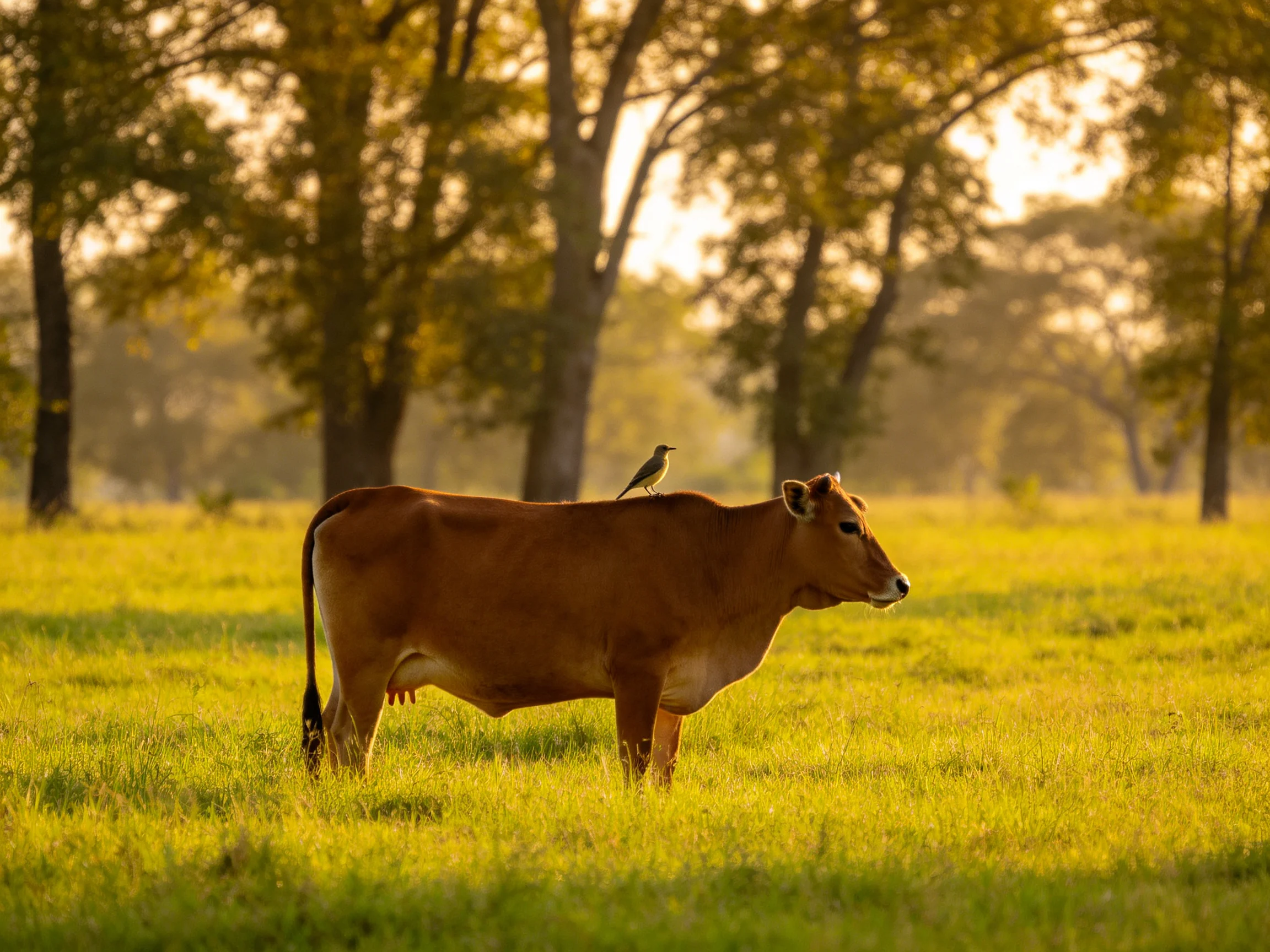 A brown cow stands in a golden meadow with a small bird perched on its back
