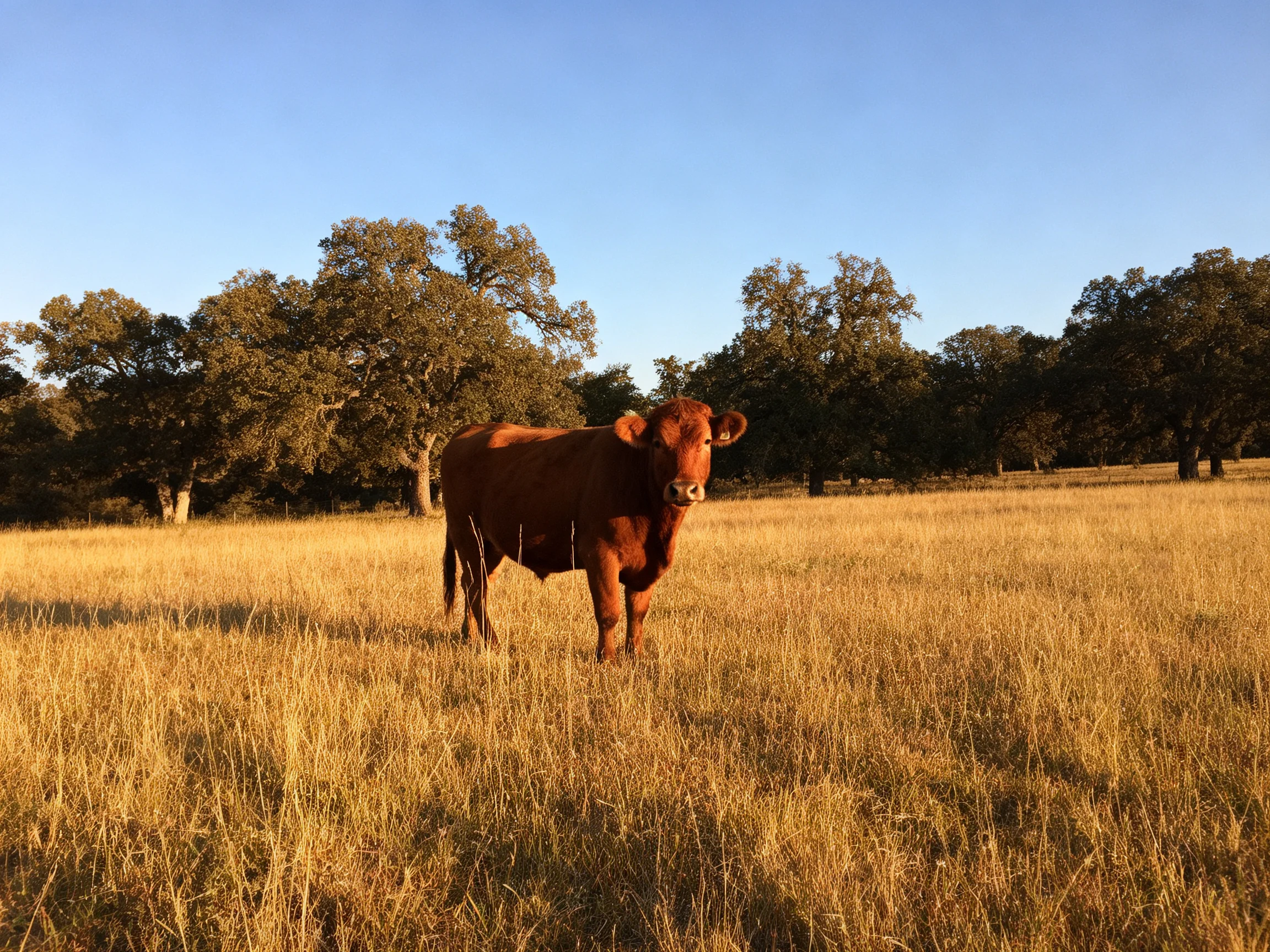 A brown cow stands in a golden meadow with green trees