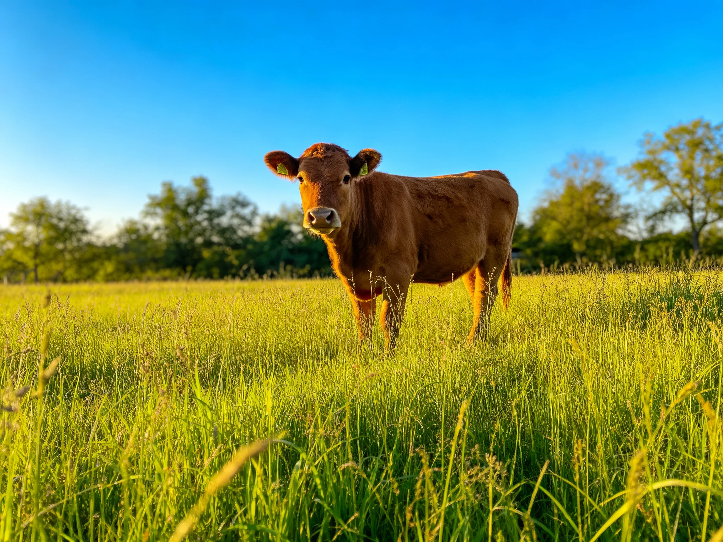 A brown cow stands in a sunlit meadow amid tall grasses