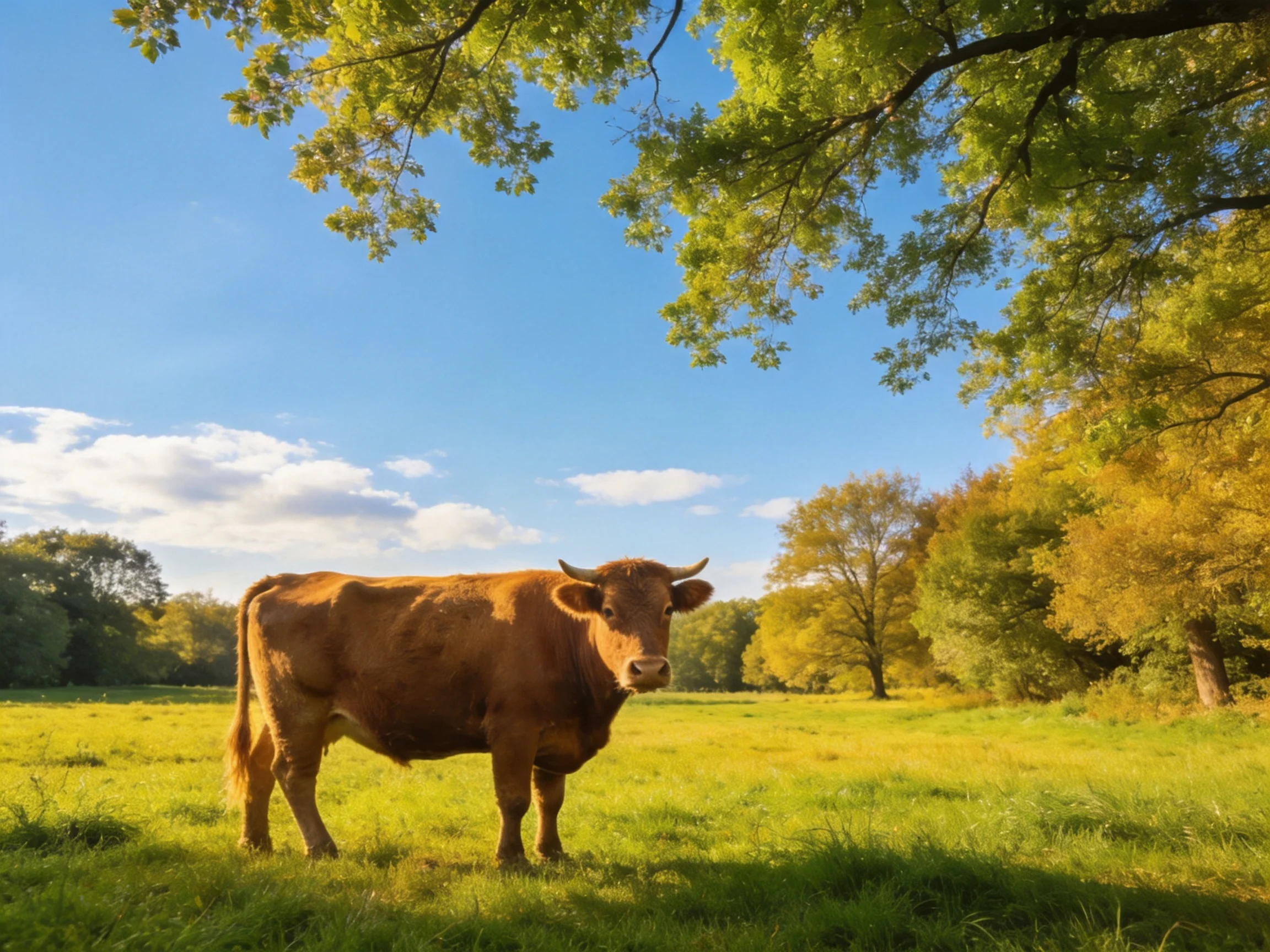 A brown cow stands in a sunlit meadow near colorful trees.