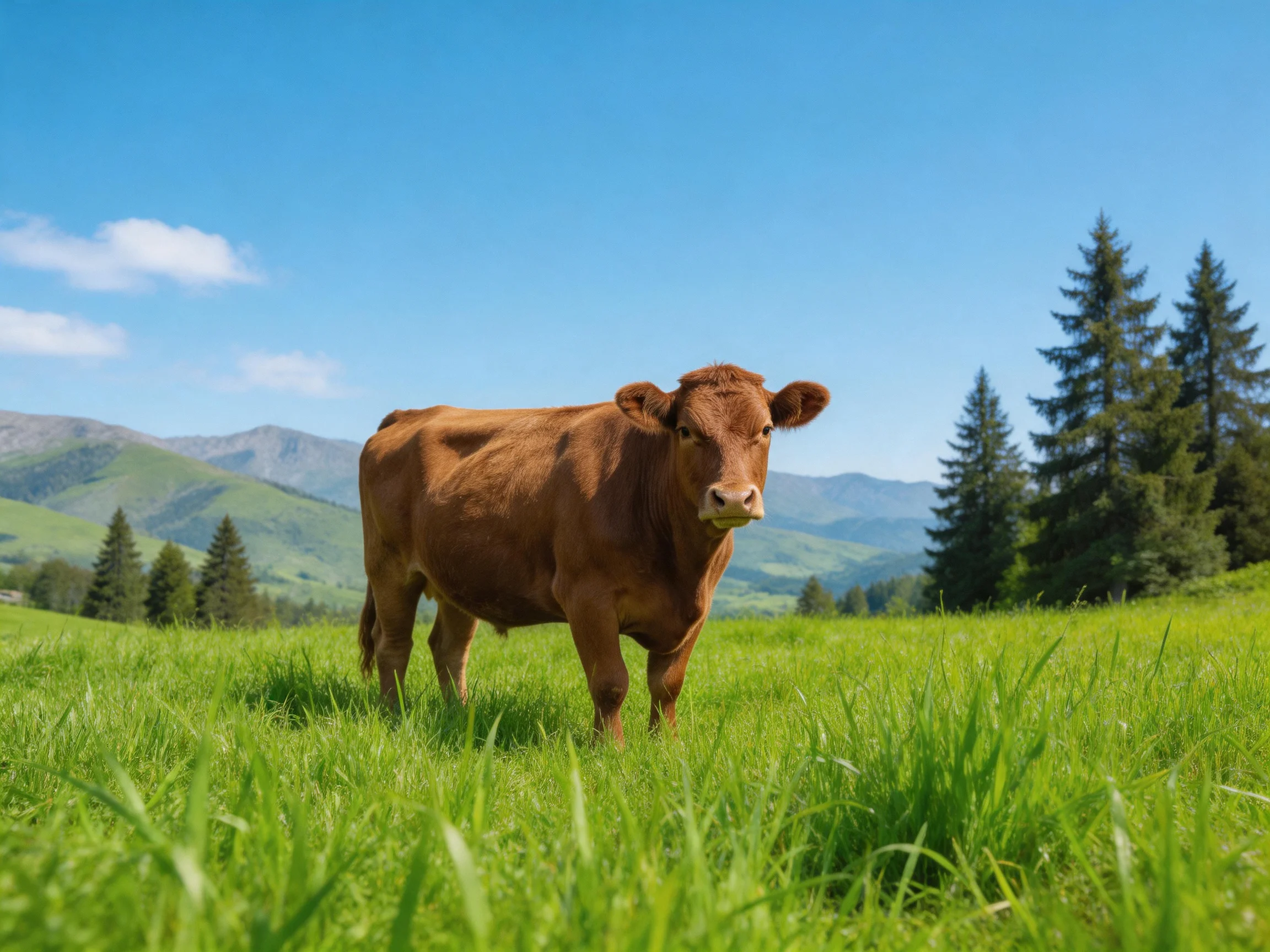 A brown cow stands in a lush green meadow near pine trees