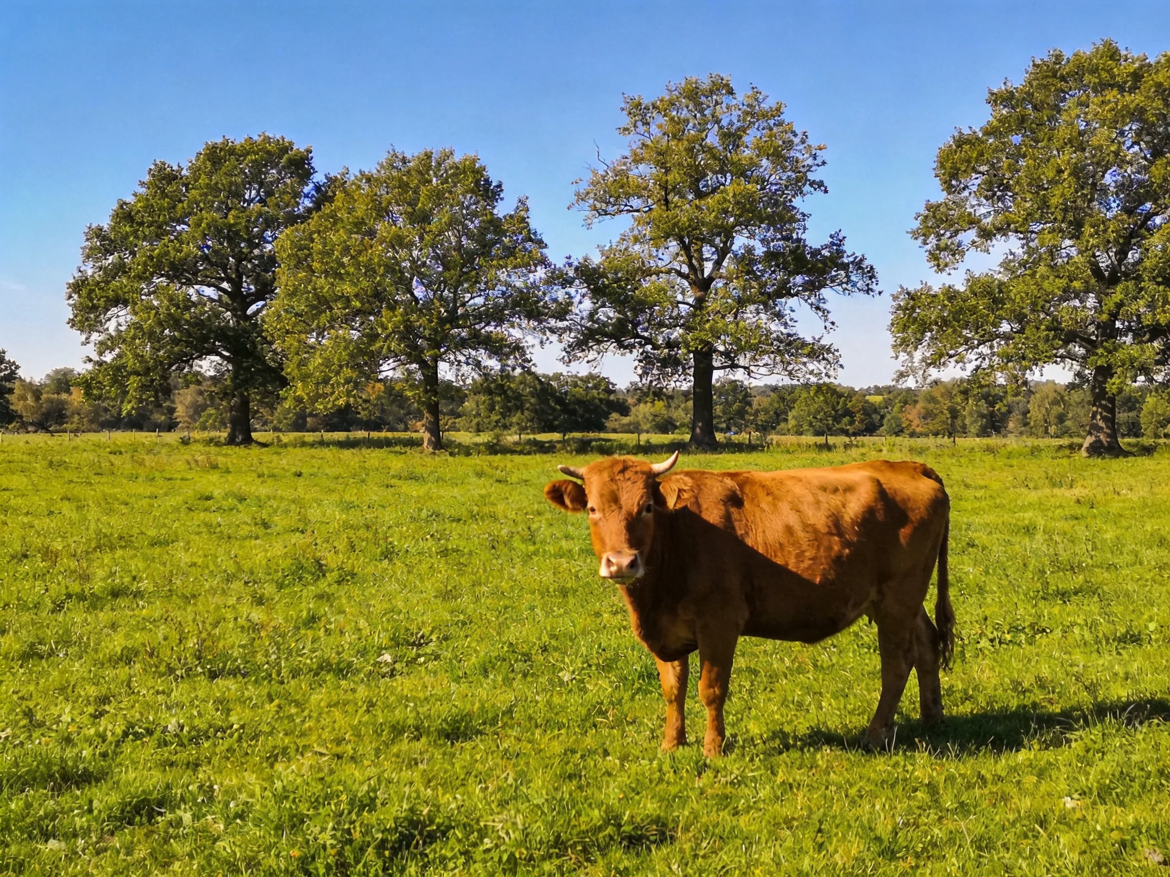 A brown cow stands in a lush green meadow near tall leafy trees