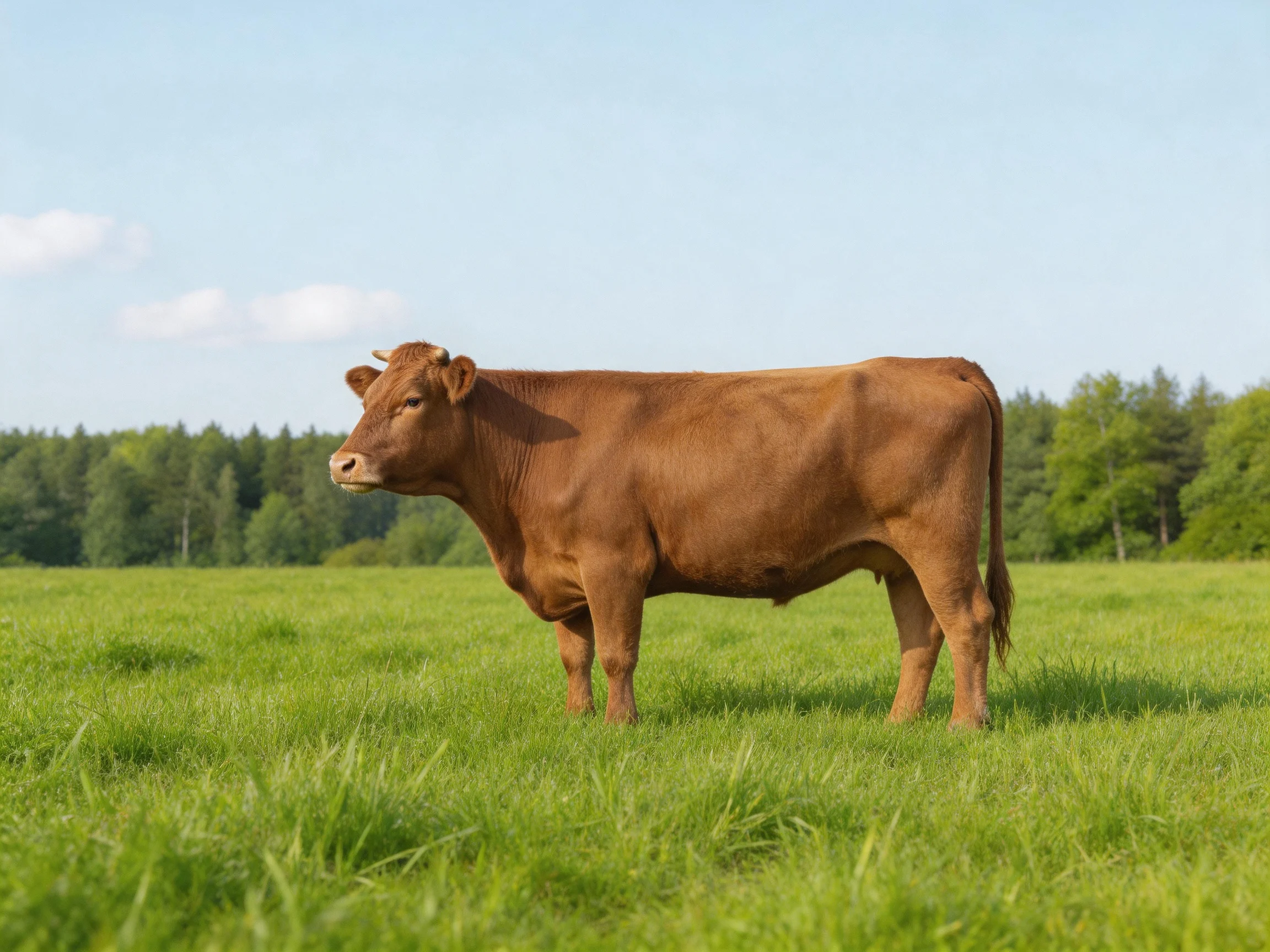 A brown cow stands alone in a sunny green pasture with trees in the distance.