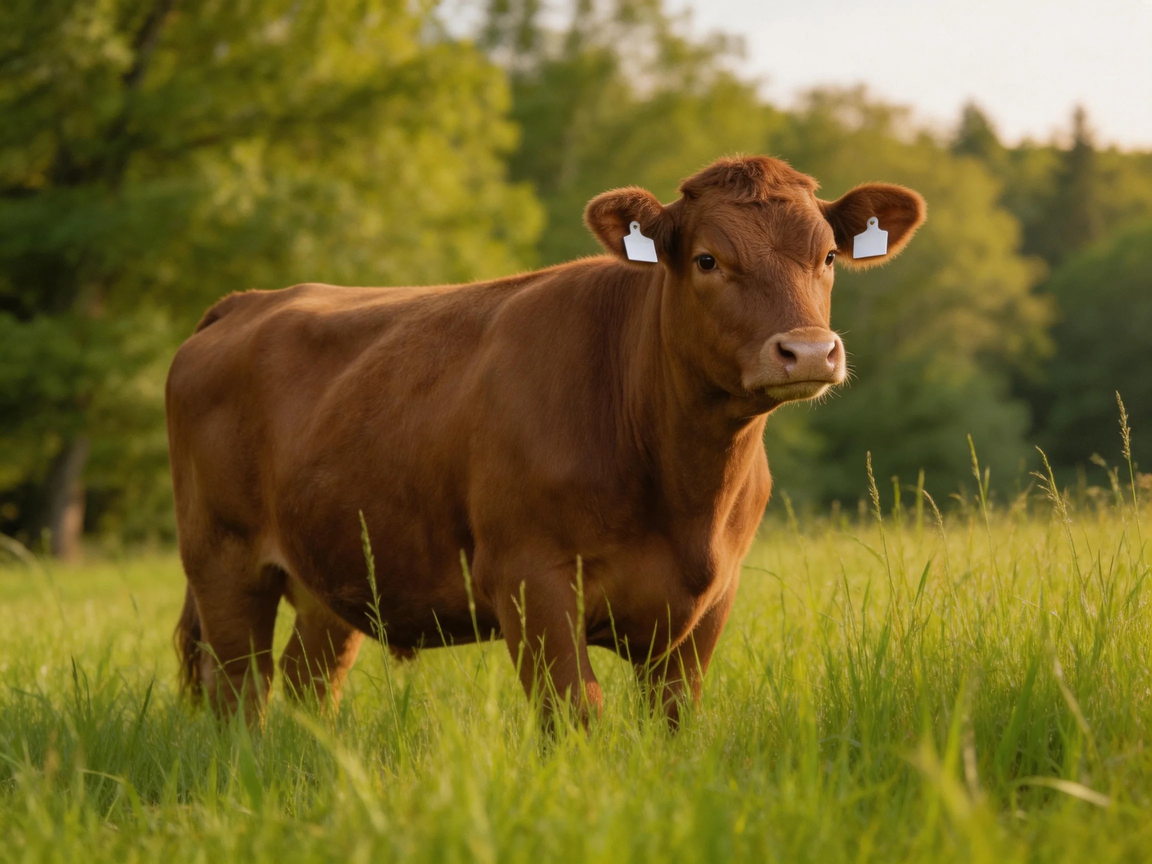 A brown cow stands in a sunlit meadow with tall grass and trees.