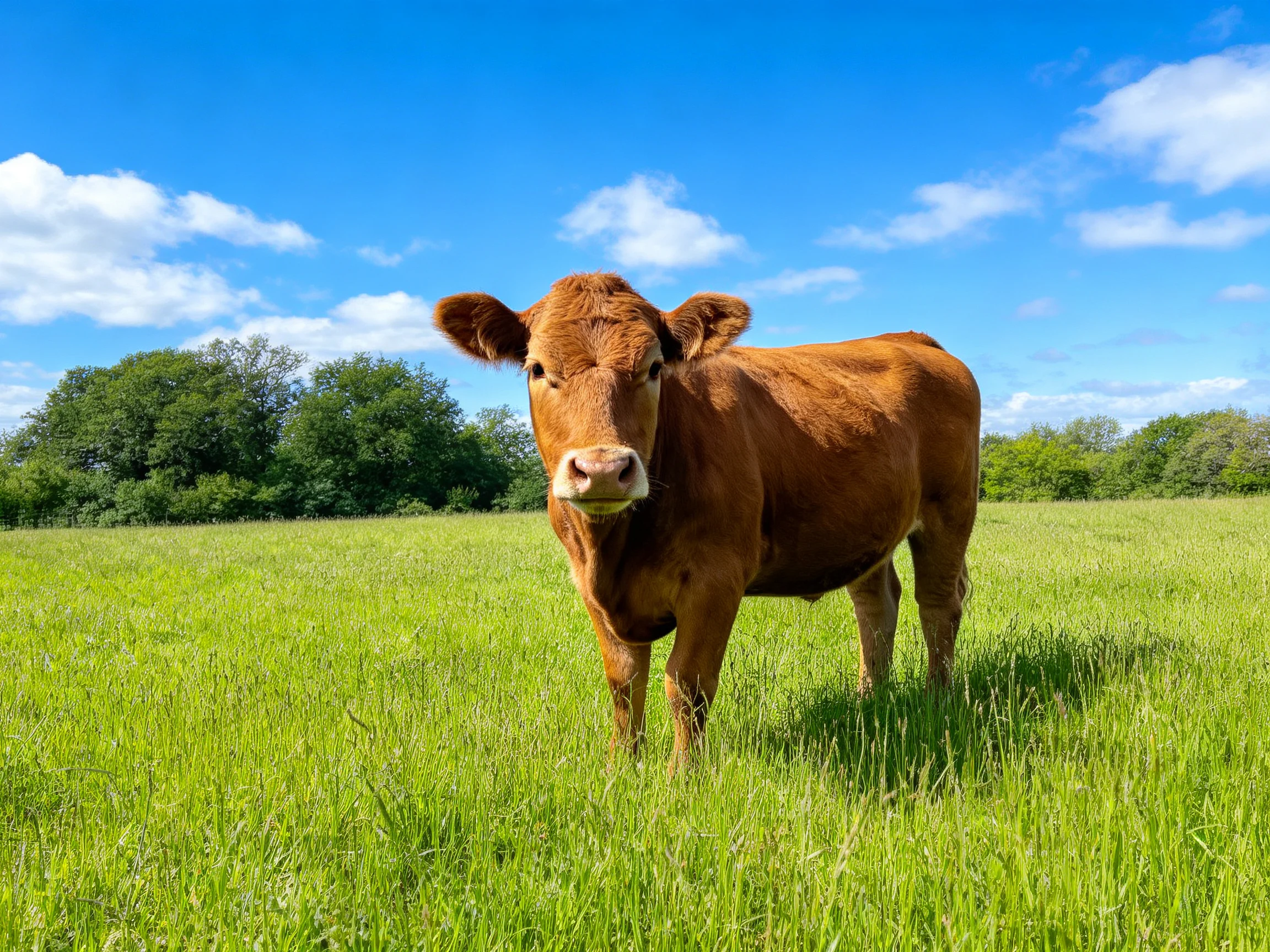 A brown cow stands in a sunlit green meadow.