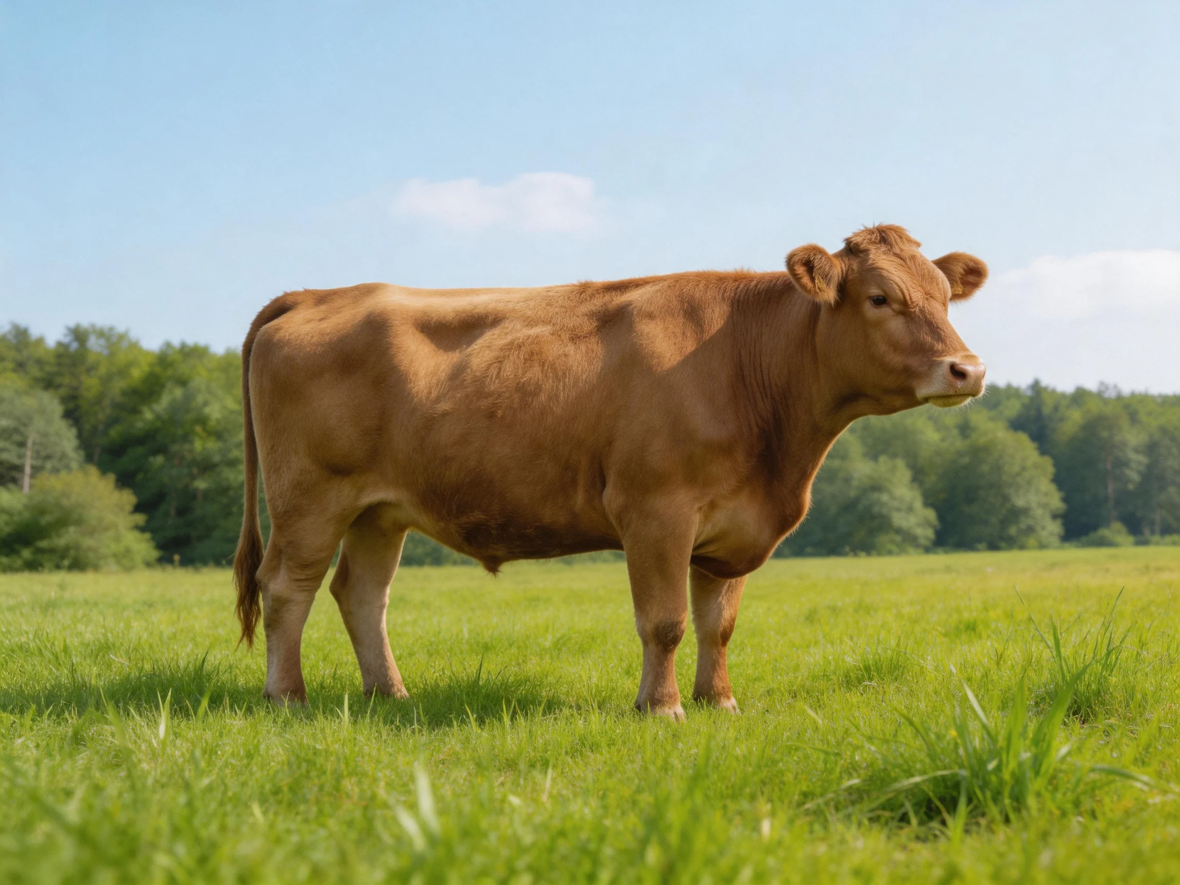 A brown cow stands in a lush green meadow under a sunny sky