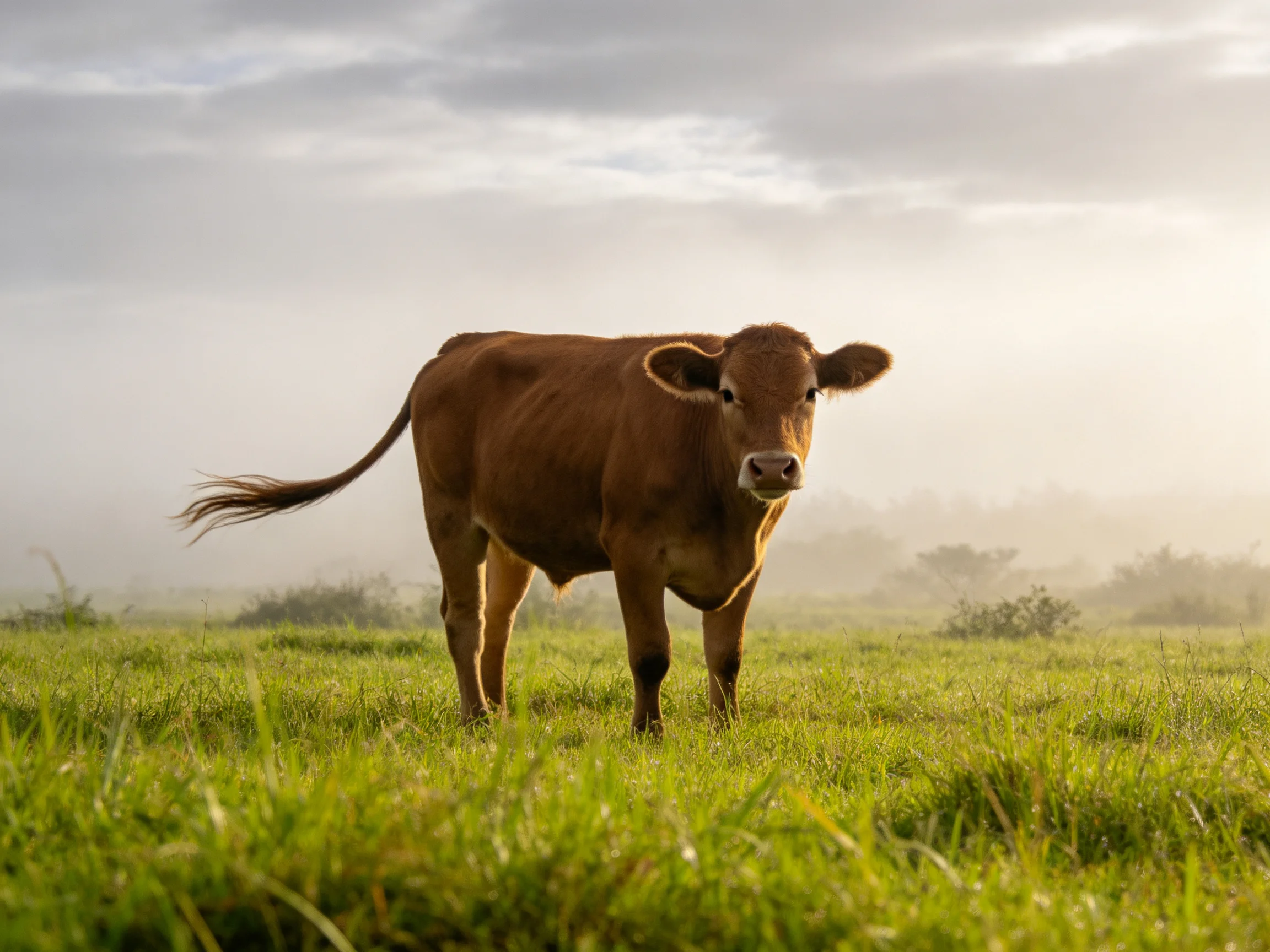 A brown cow stands in a sunlit, misty green meadow.