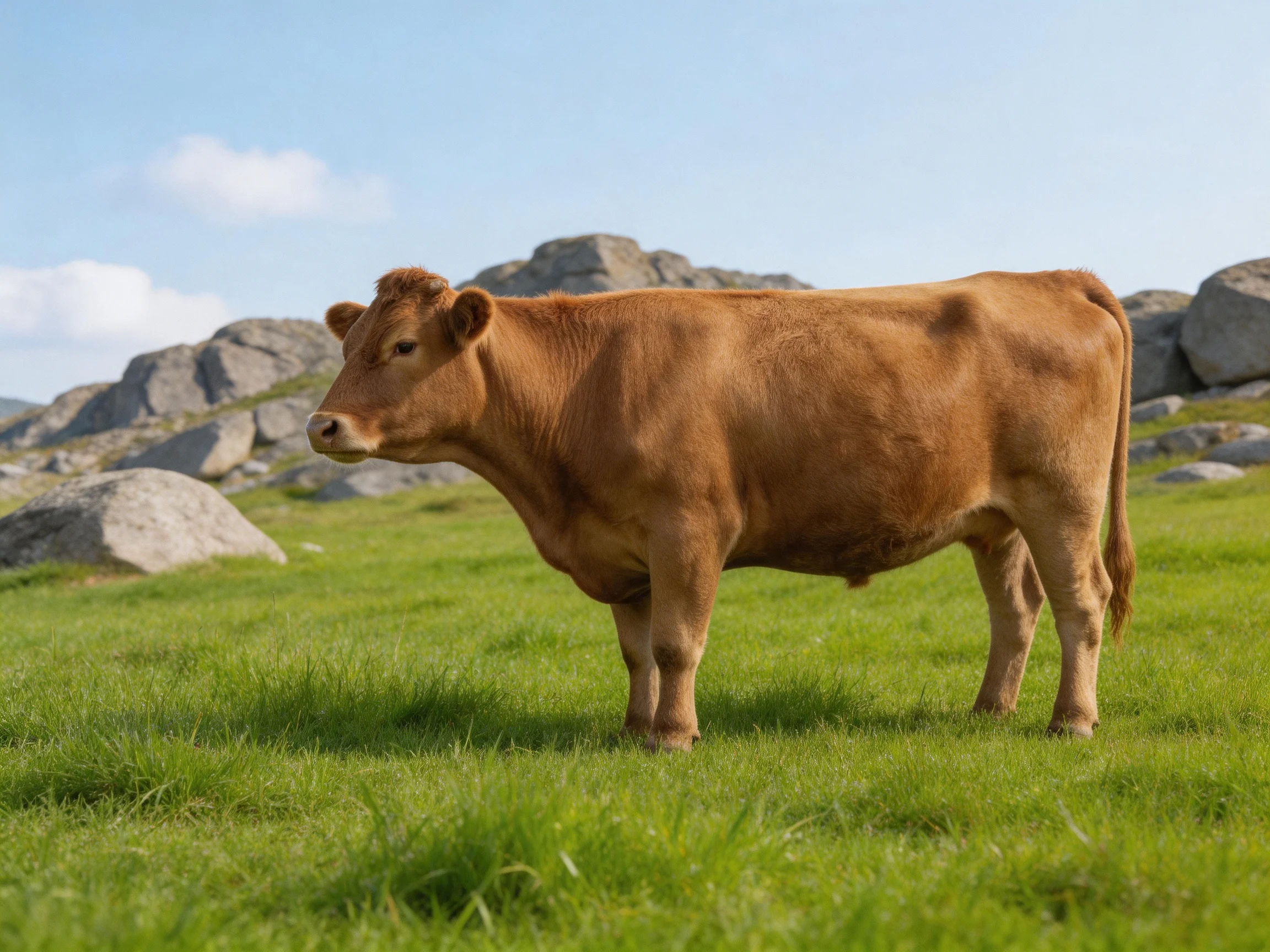 A brown cow stands in a lush green meadow with rocky formations