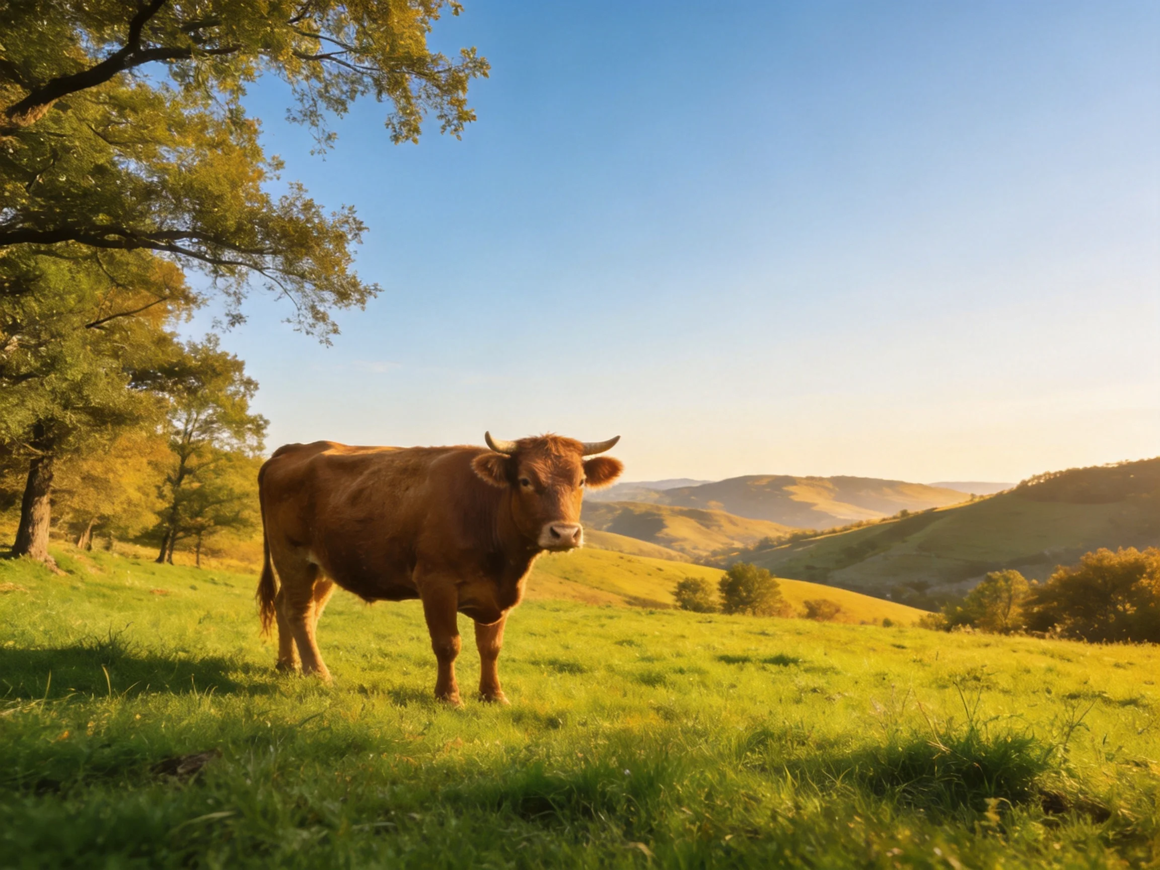 A brown cow stands in a lush green meadow with rolling hills