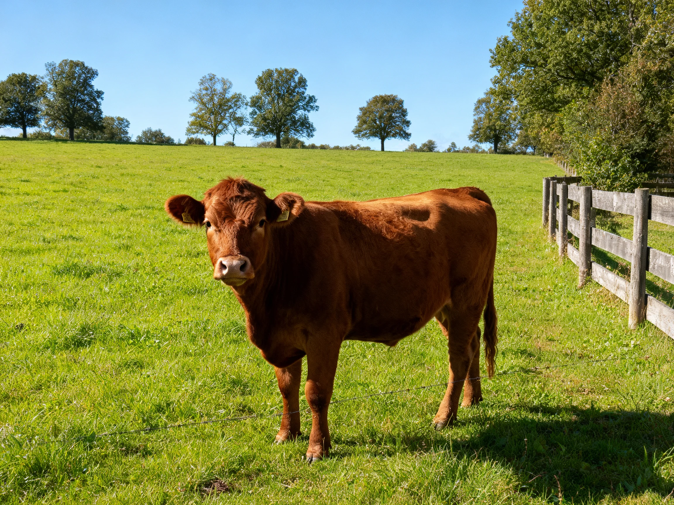 A brown cow stands in a lush green pasture near a wooden fence