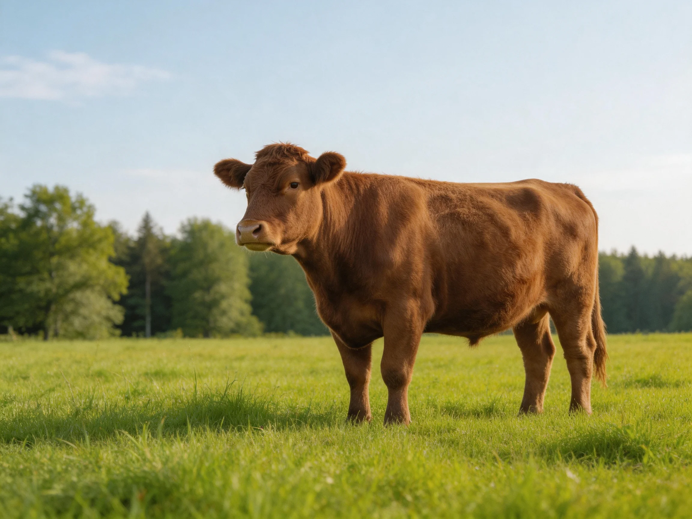 A brown cow stands in a sunlit green pasture with trees in the distance.