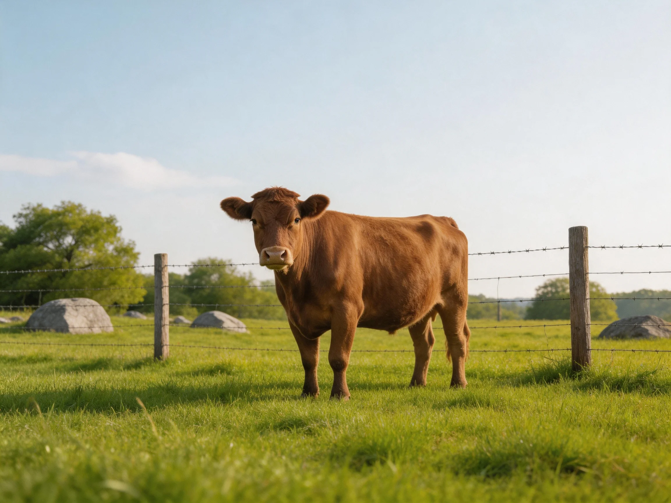 A brown cow stands in a lush green pasture near wooden fences