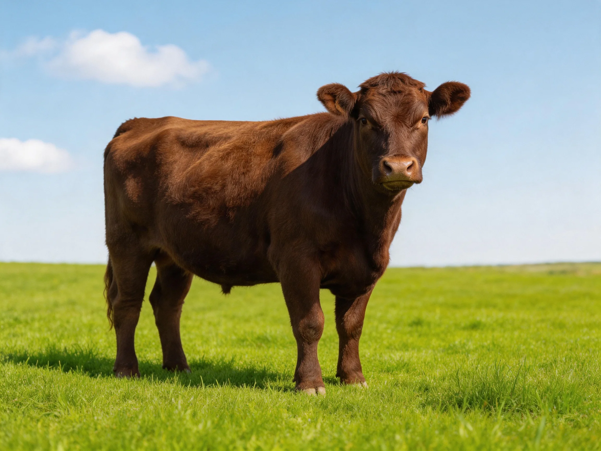 A brown cow stands in an open green field under a clear sky.