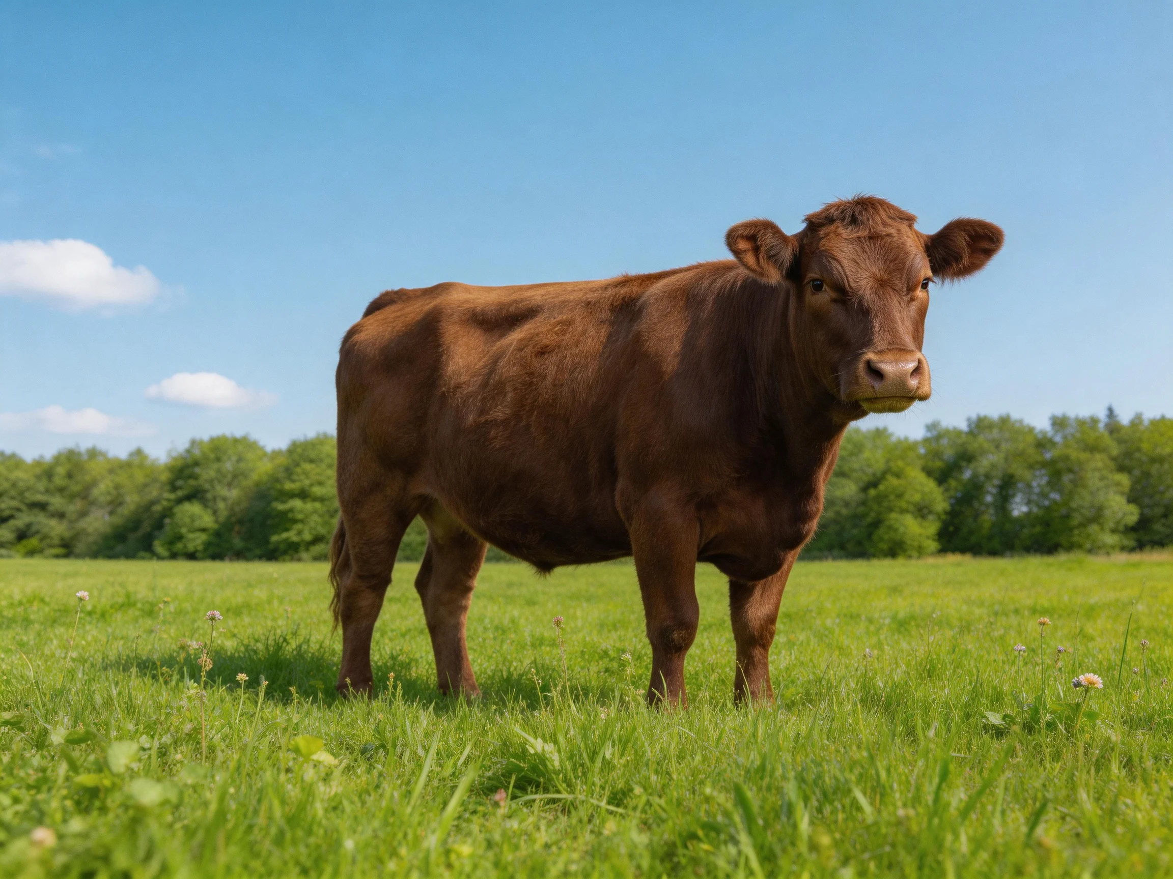 A brown cow stands in a sunlit green pasture.