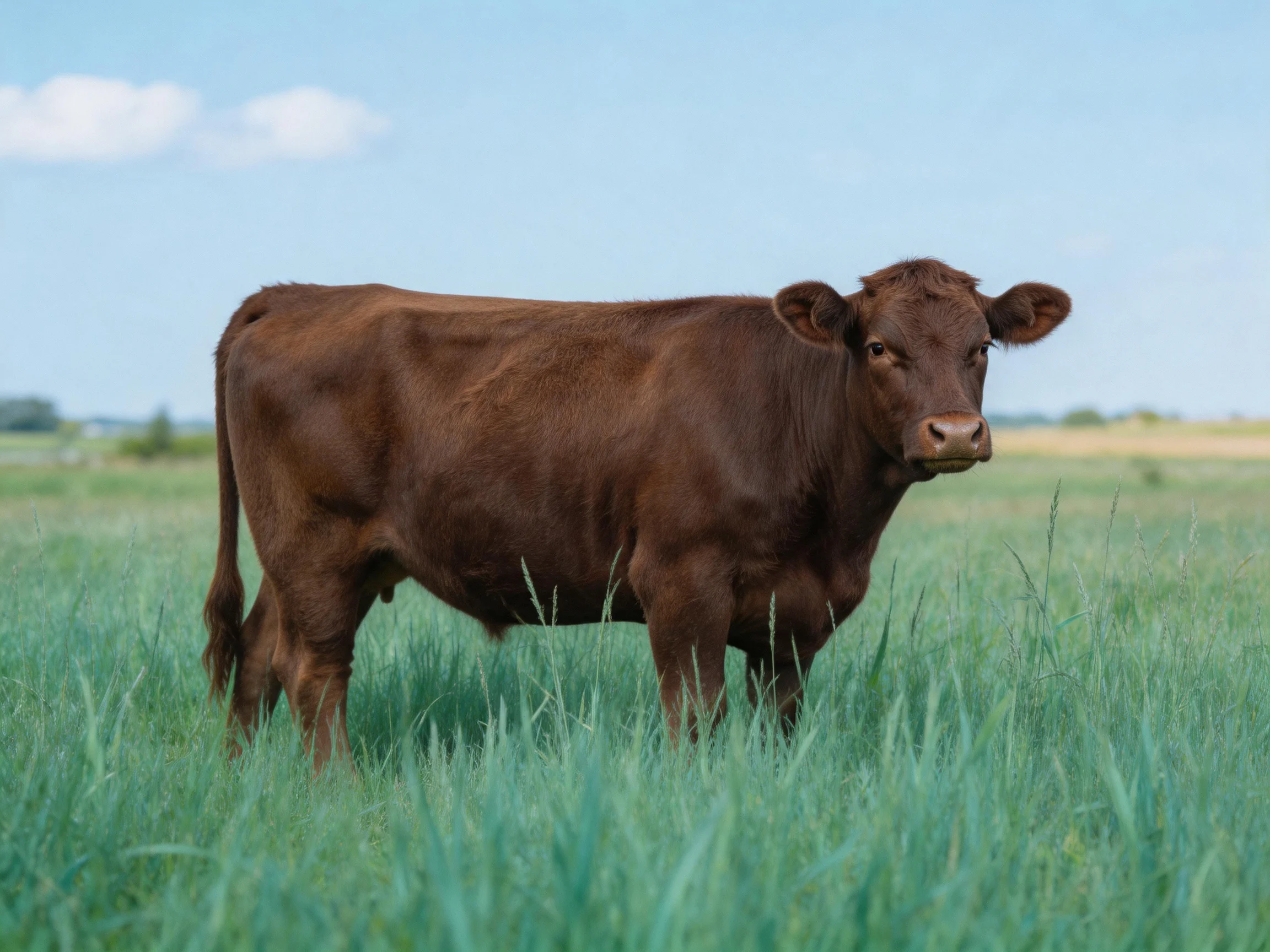 A brown cow stands in a lush green pasture under clear sky