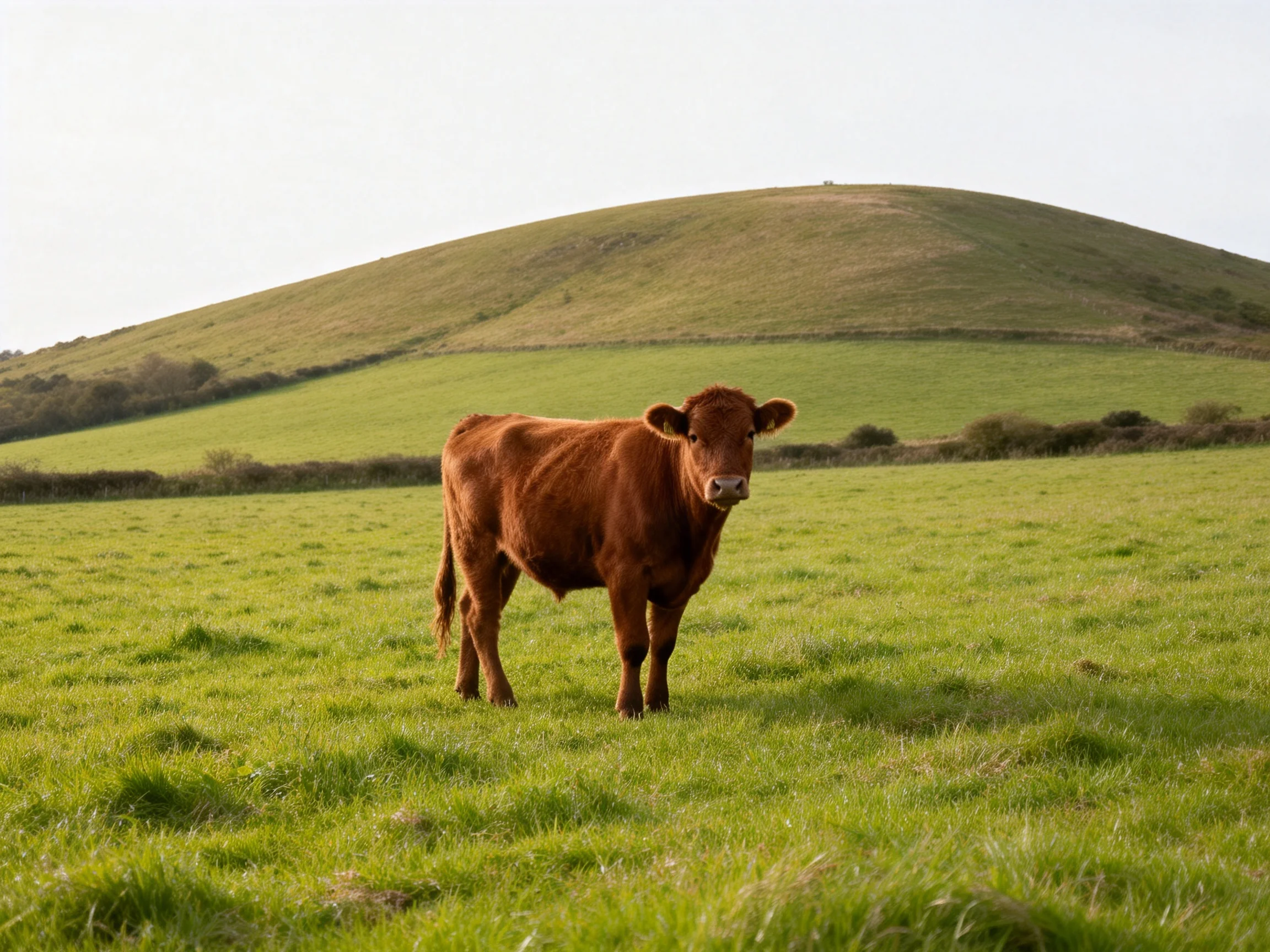 A brown cow stands in a lush green pasture with a rolling hill in the background.