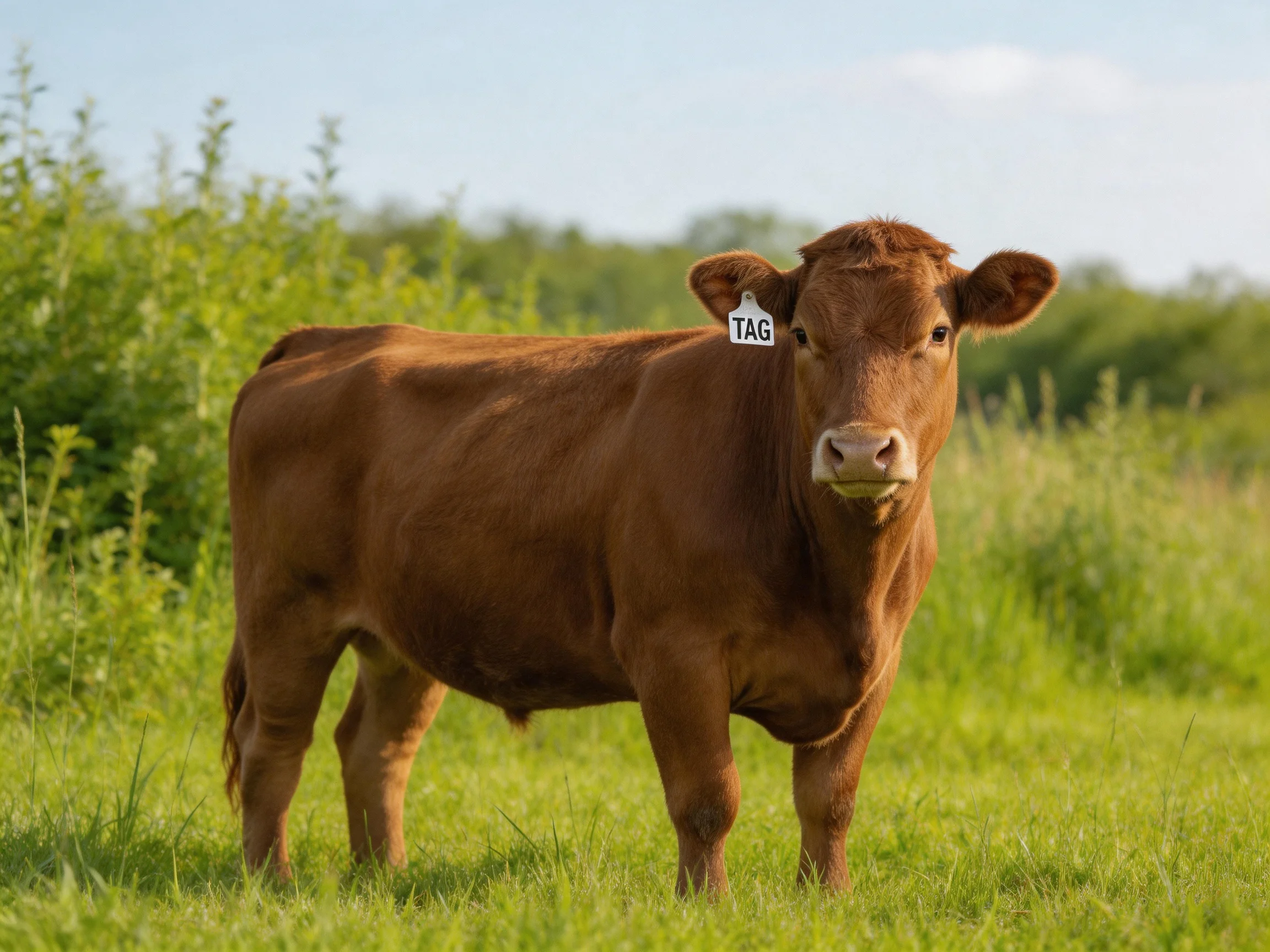 A brown cow stands in a lush green pasture with a tag