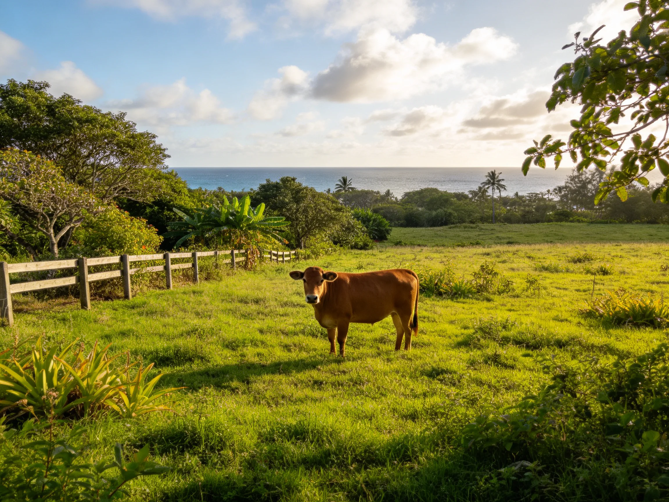 A brown cow stands in a sunlit green pasture near the ocean