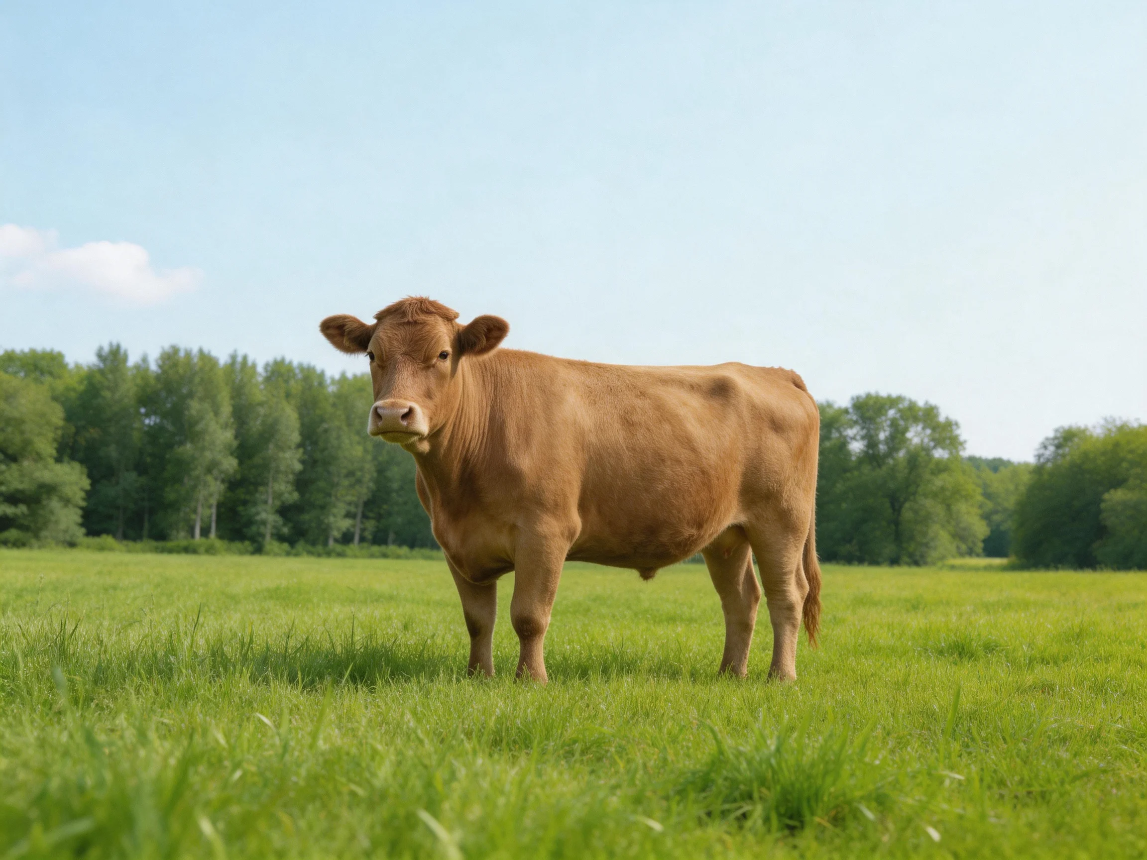 A brown cow stands in a sunlit lush green pasture near trees.
