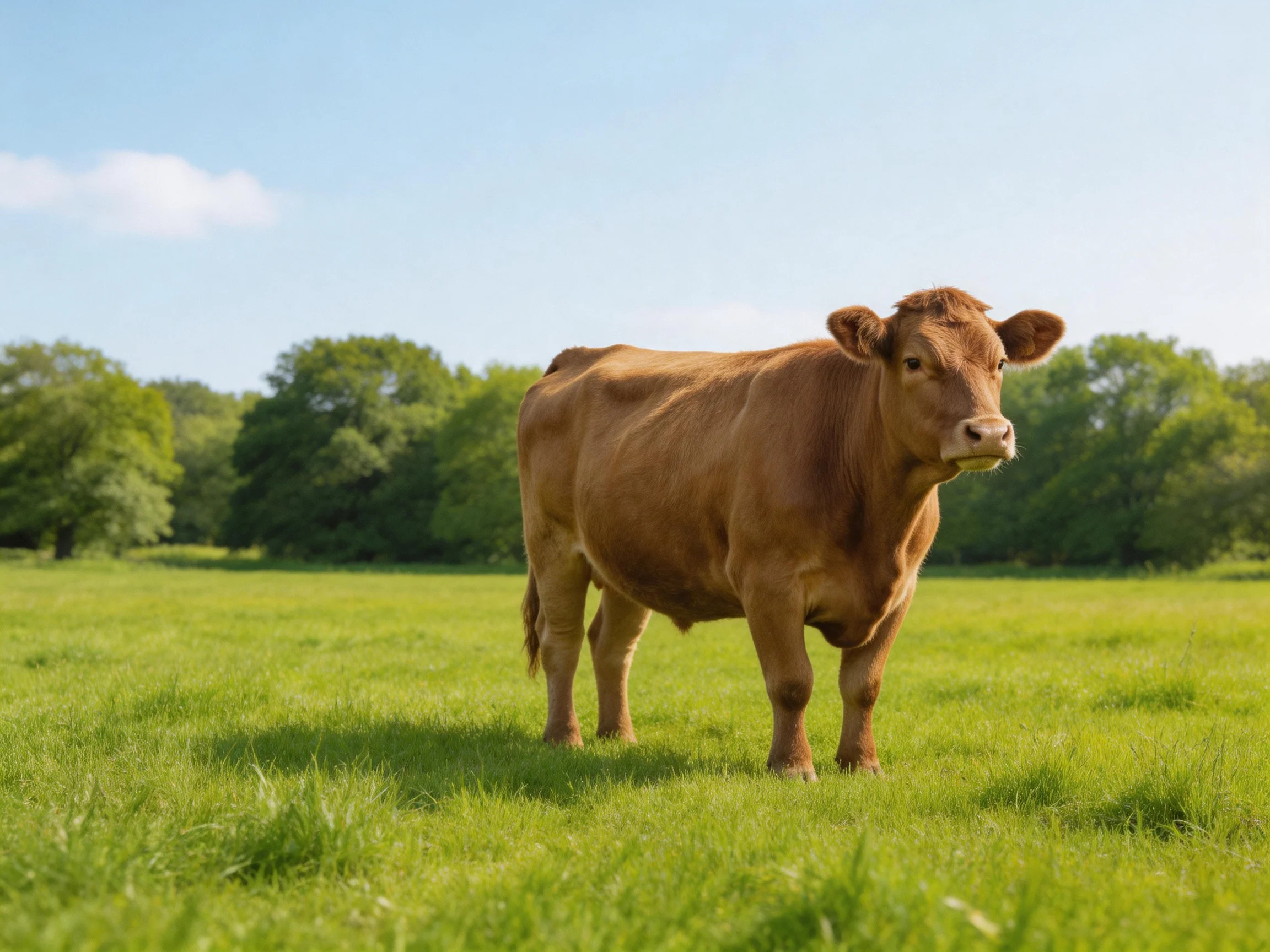 A brown cow stands in a sunlit pasture near leafy trees