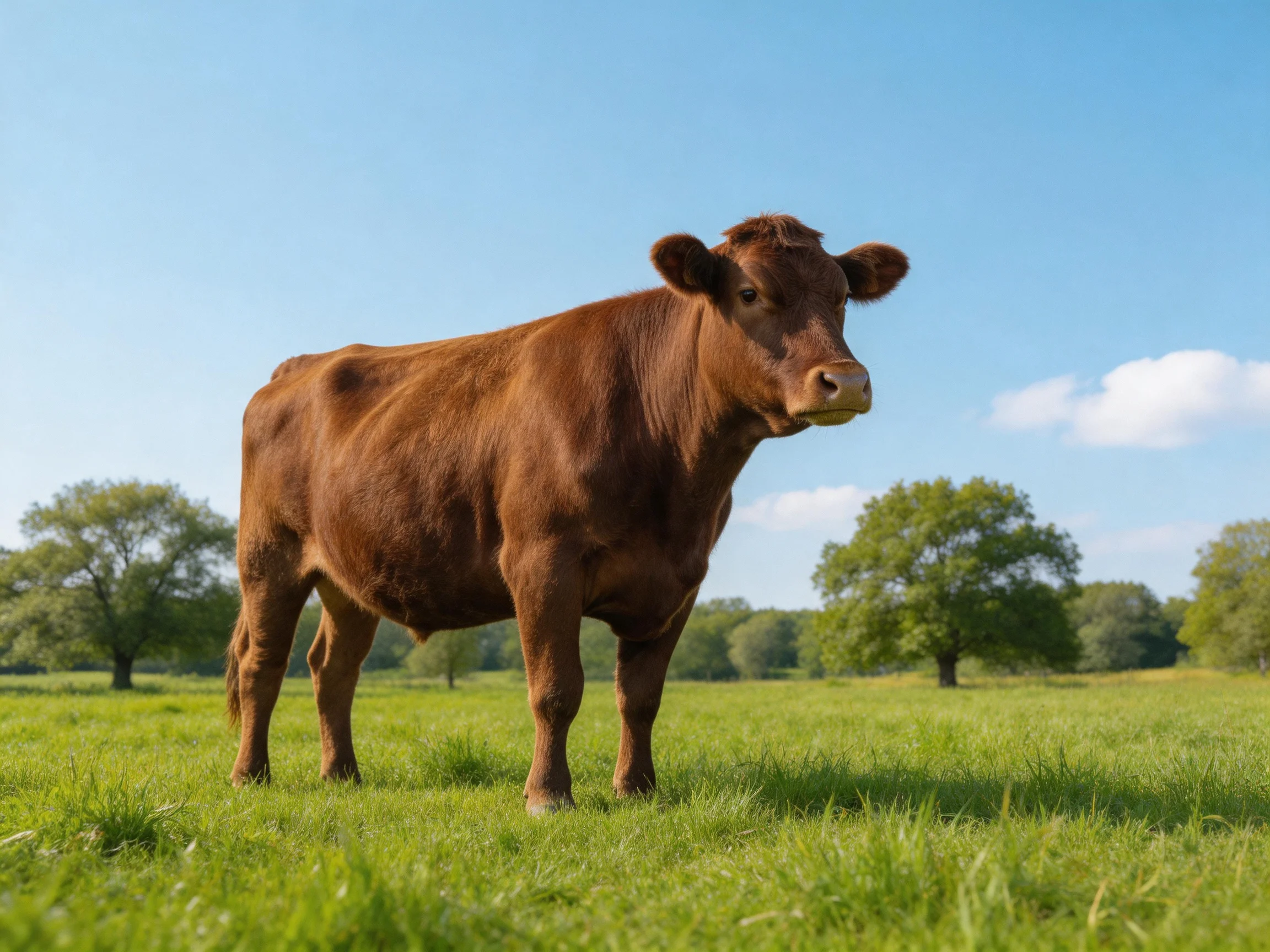 A brown cow stands alone in a sunlit green pasture.