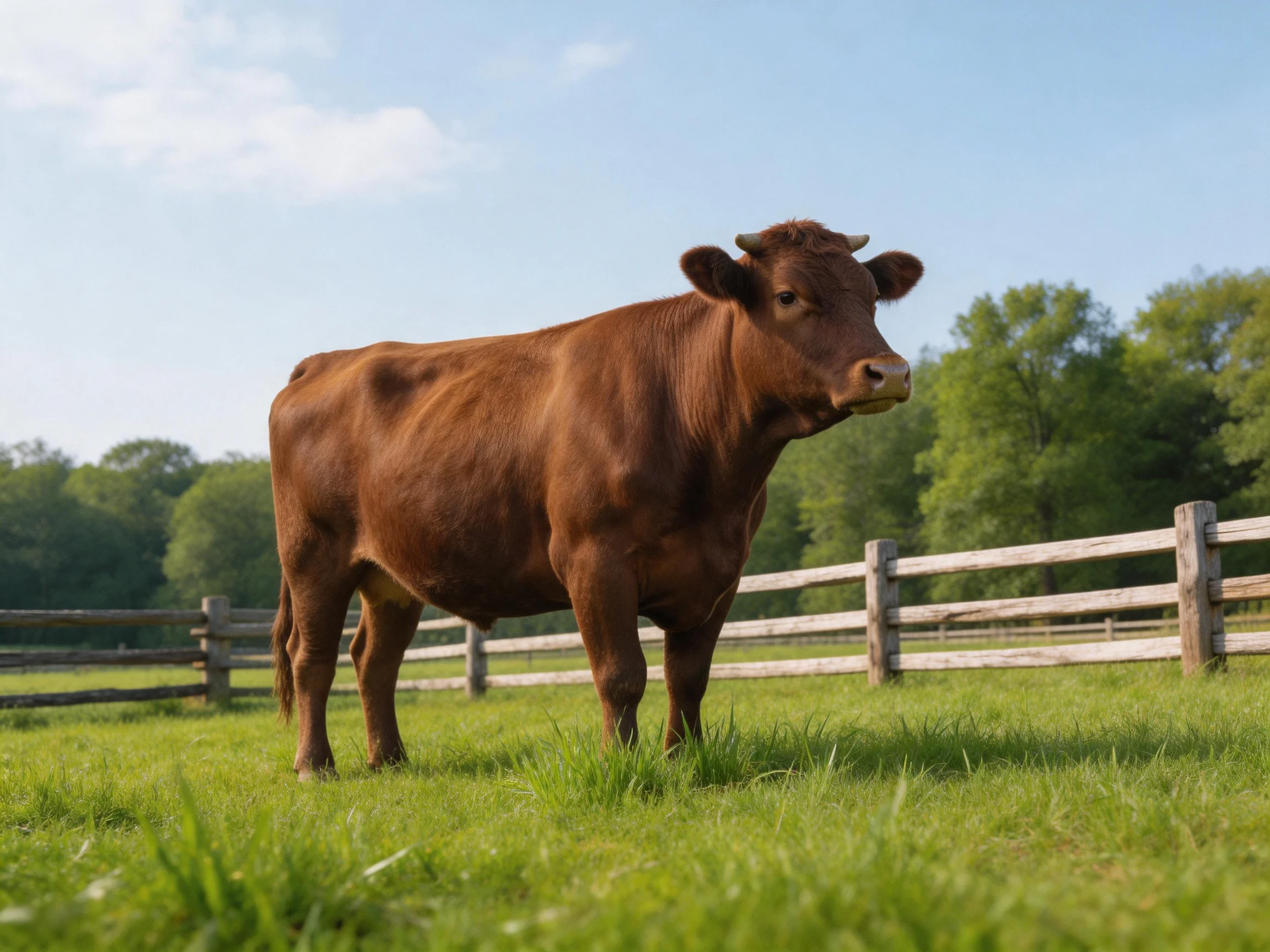 A brown cow stands in a lush green pasture with wooden fences