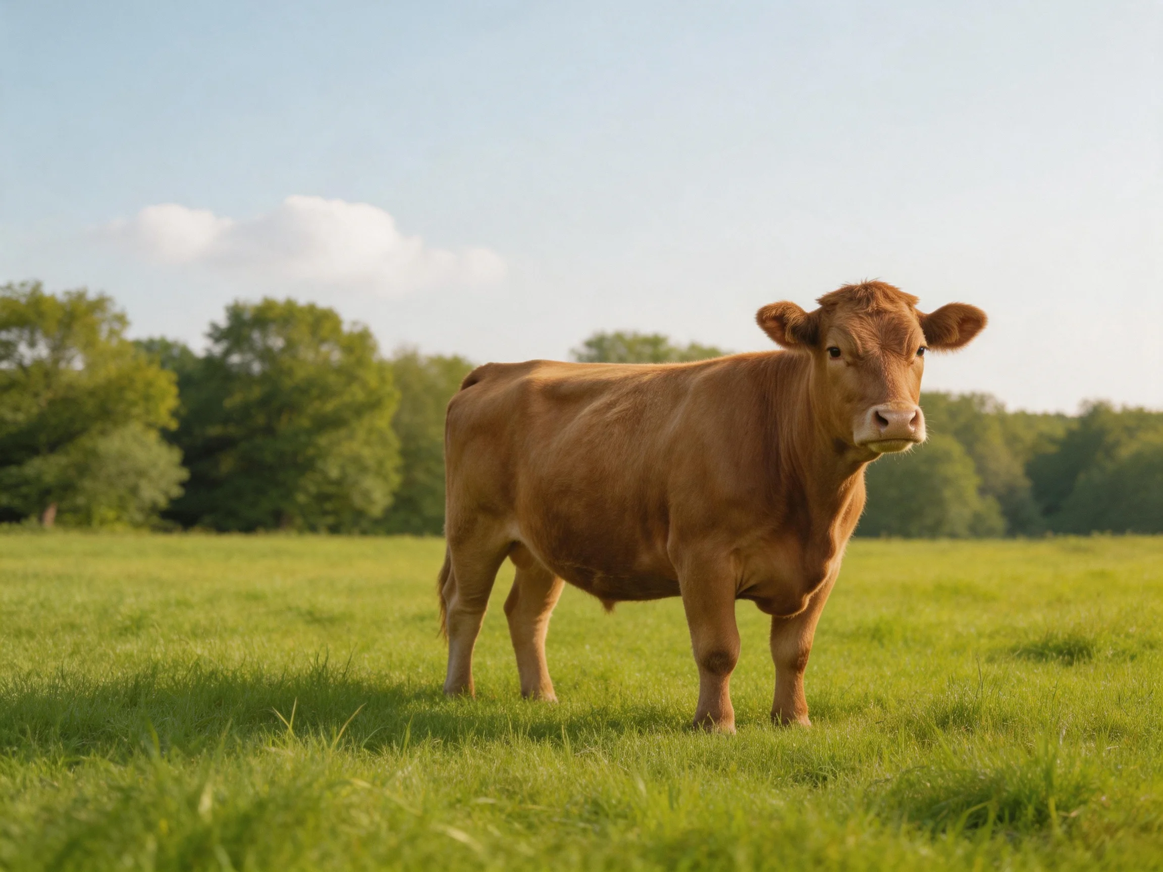 A brown cow stands in a sun-drenched green pasture with leafy trees