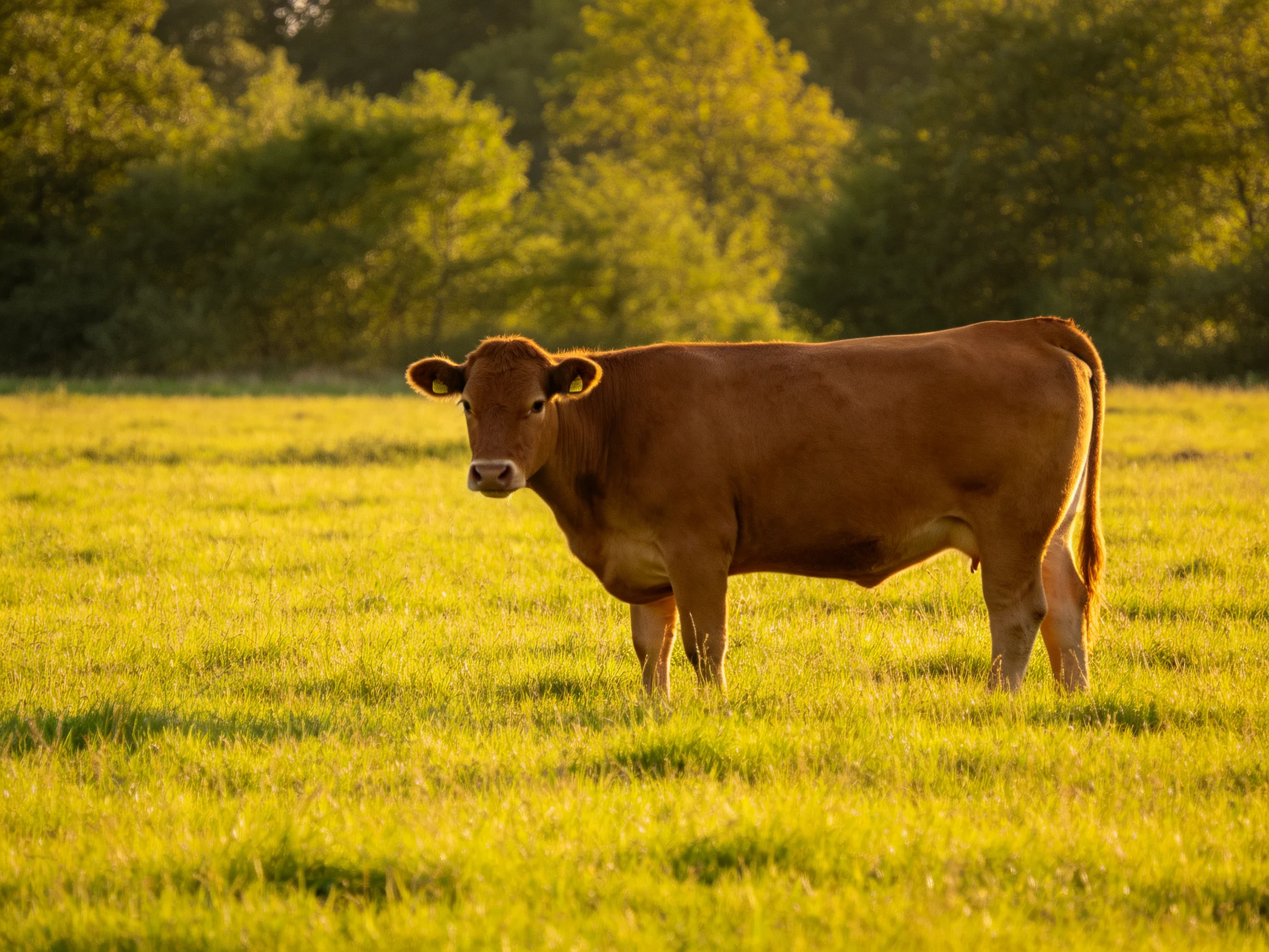 A brown cow stands in a sun-drenched green pasture