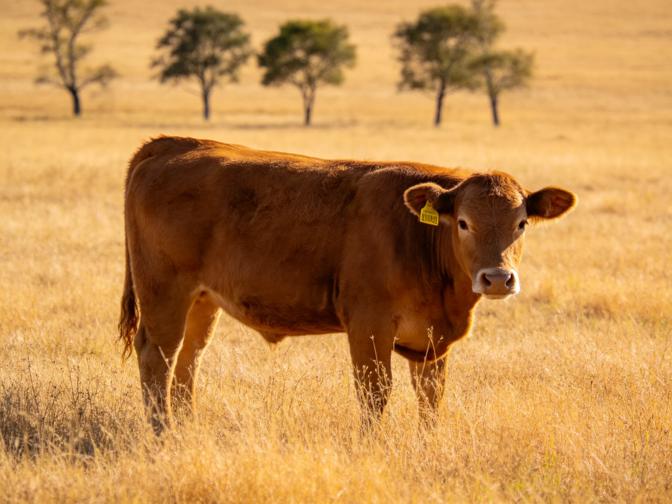 A brown cow stands in a sunlit golden field with green trees.