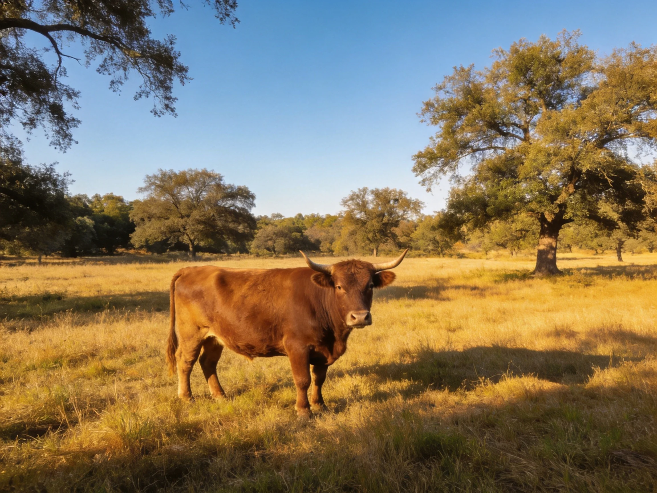 A brown cow stands in a sunlit meadow surrounded by large trees.