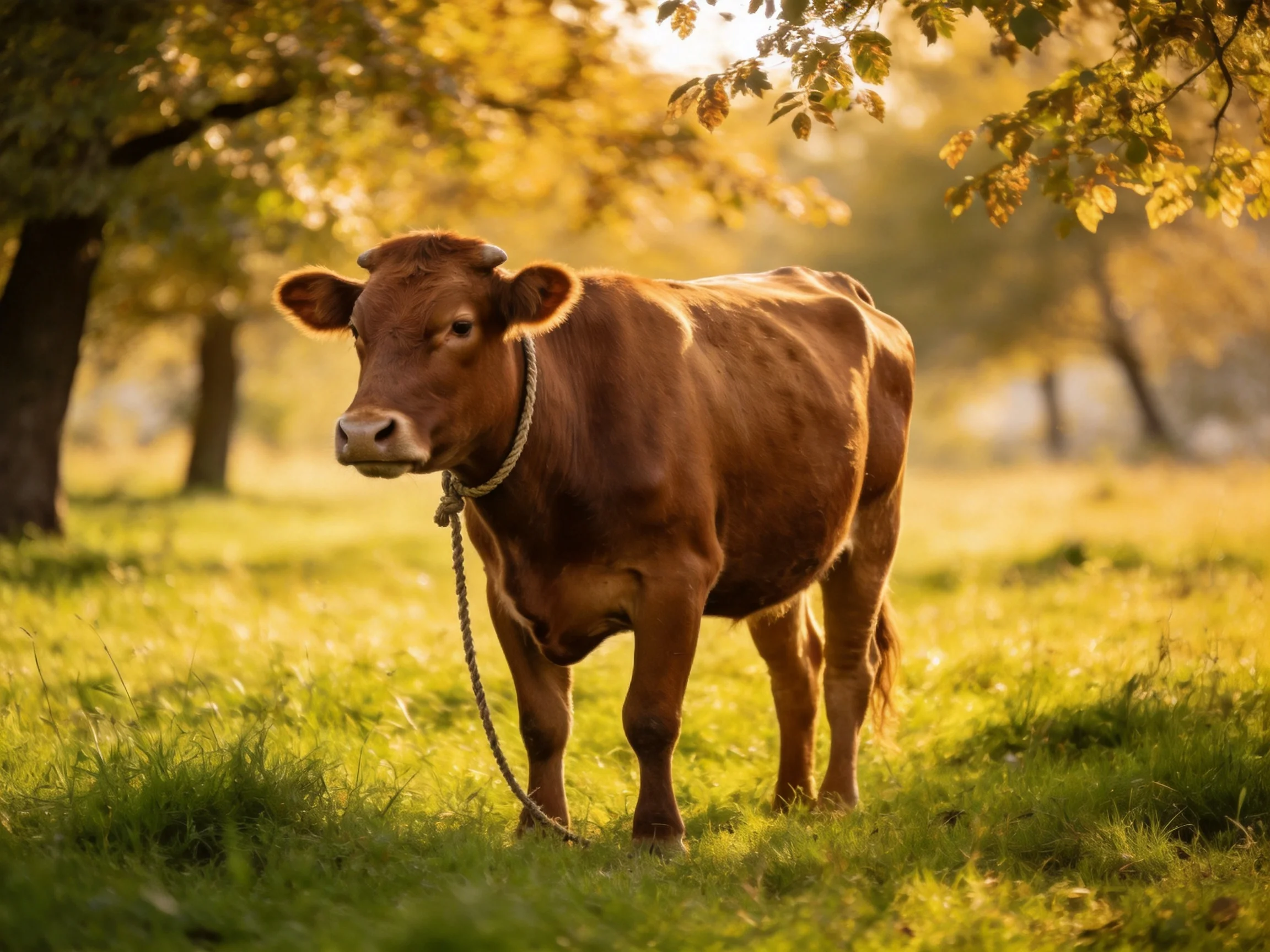 A brown cow stands in a sunlit grassy field near trees