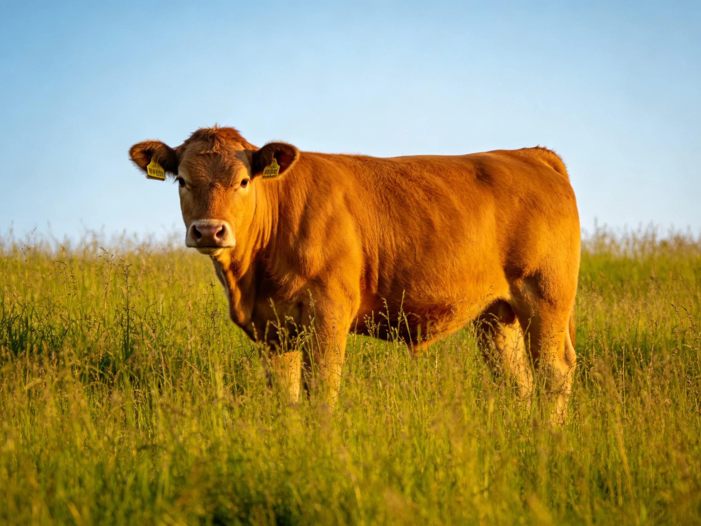 A brown cow stands in a sunlit grassy meadow under a clear blue sky