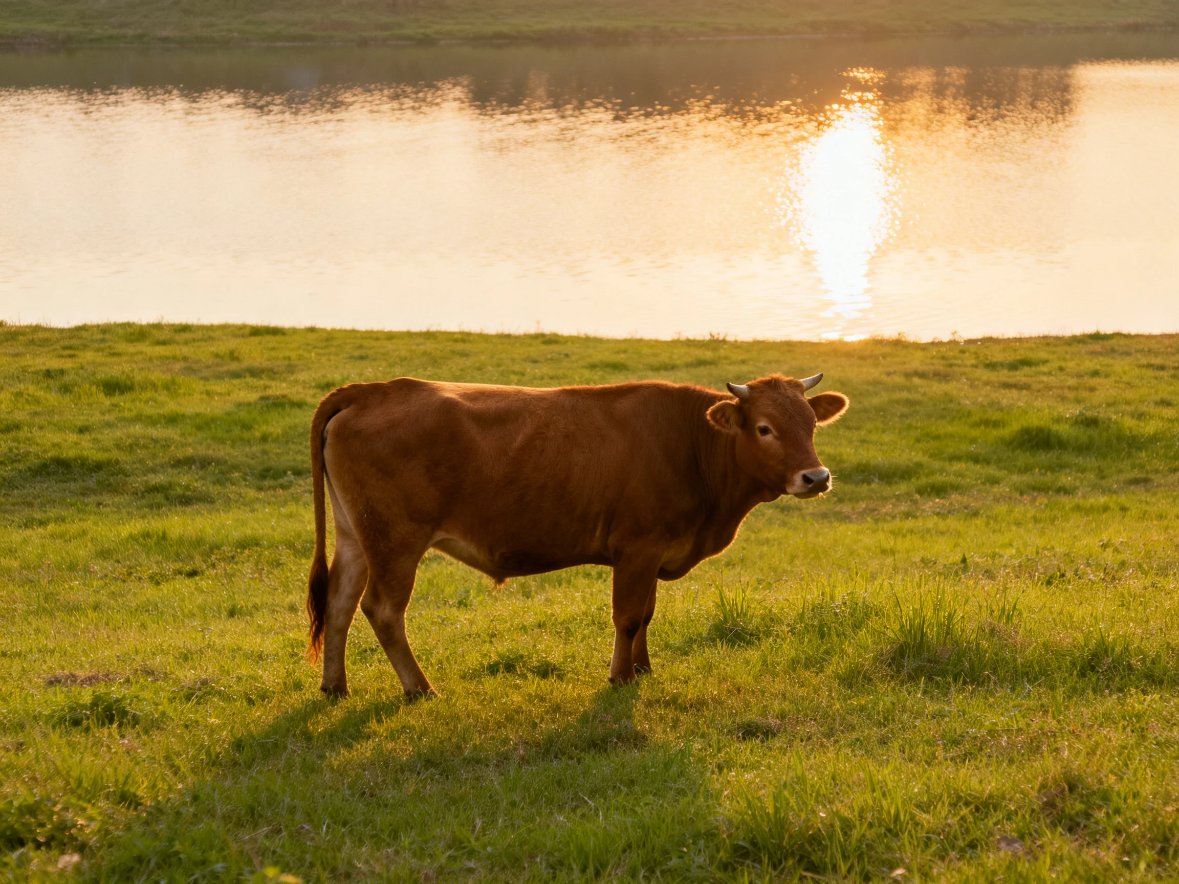 A brown cow stands in a sunlit meadow by a calm body of water.