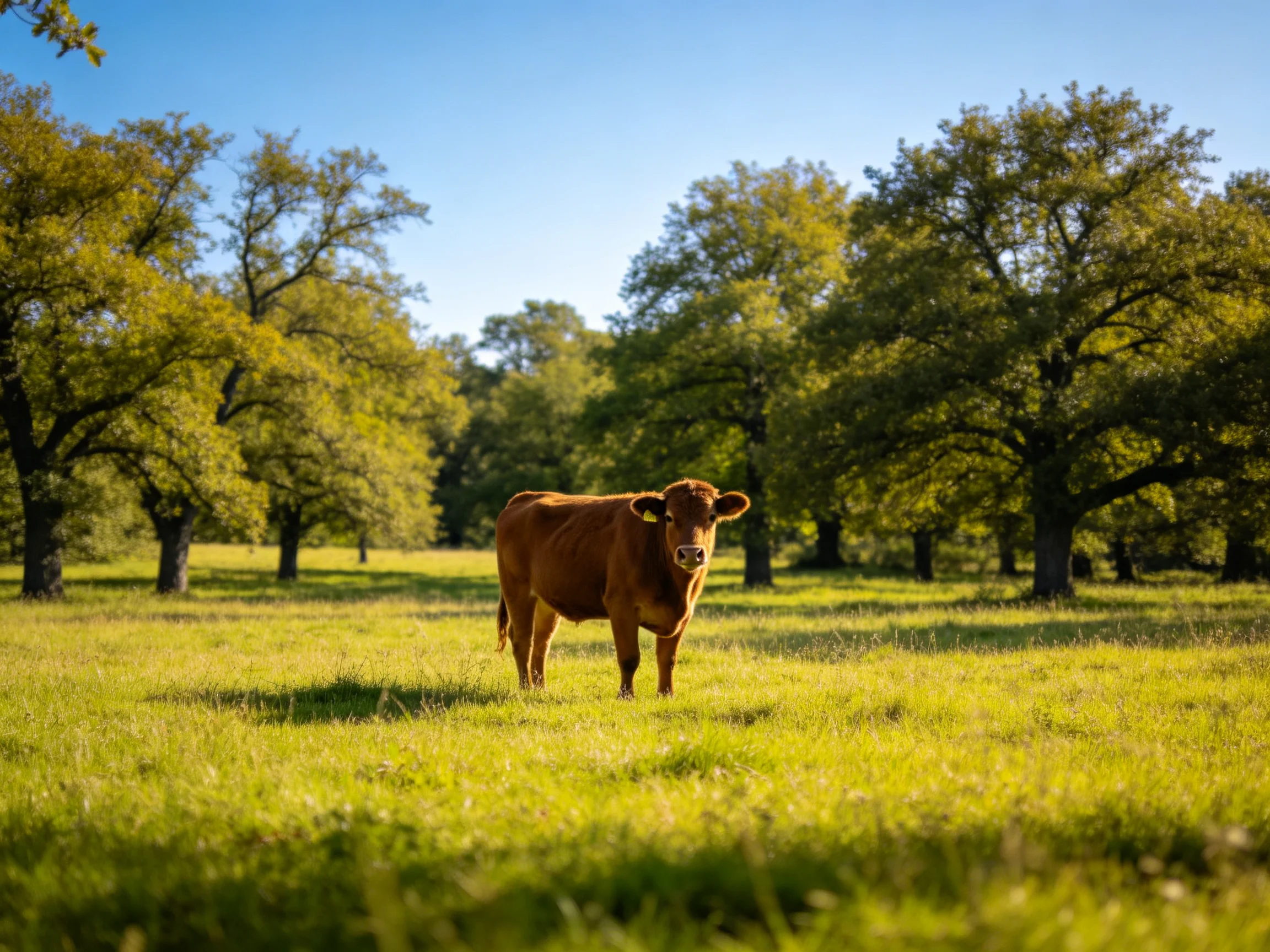 A brown cow stands in a sunlit meadow near tall oak trees.