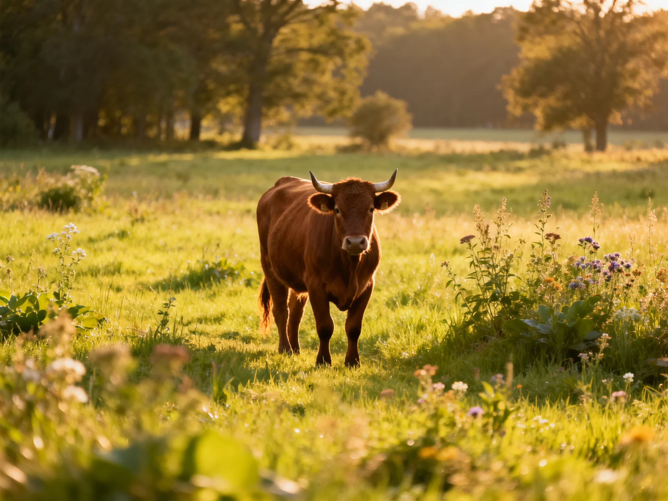 A brown cow stands in a sunlit green meadow with trees