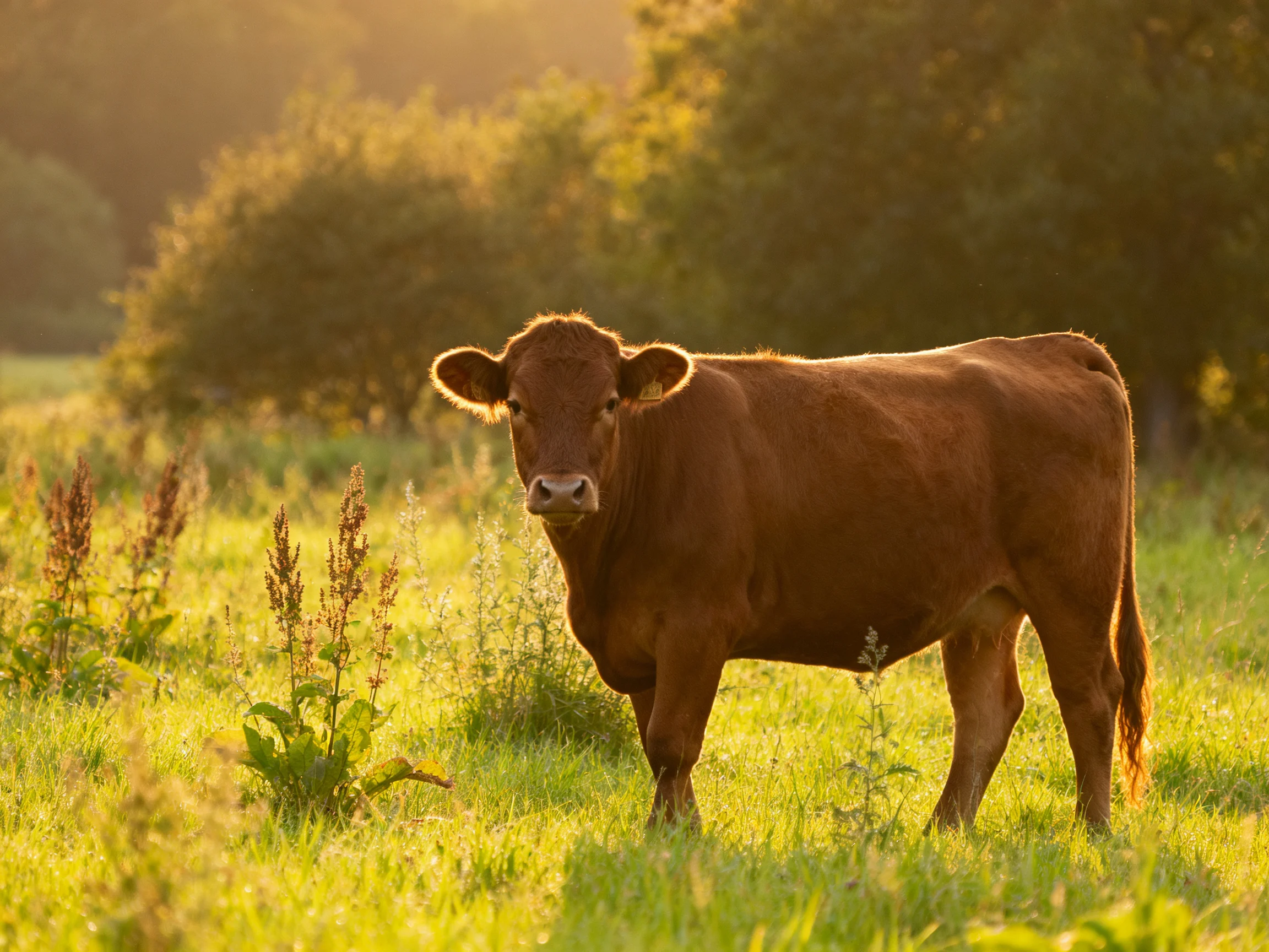 A brown cow stands in a sunlit meadow with greenery and trees.