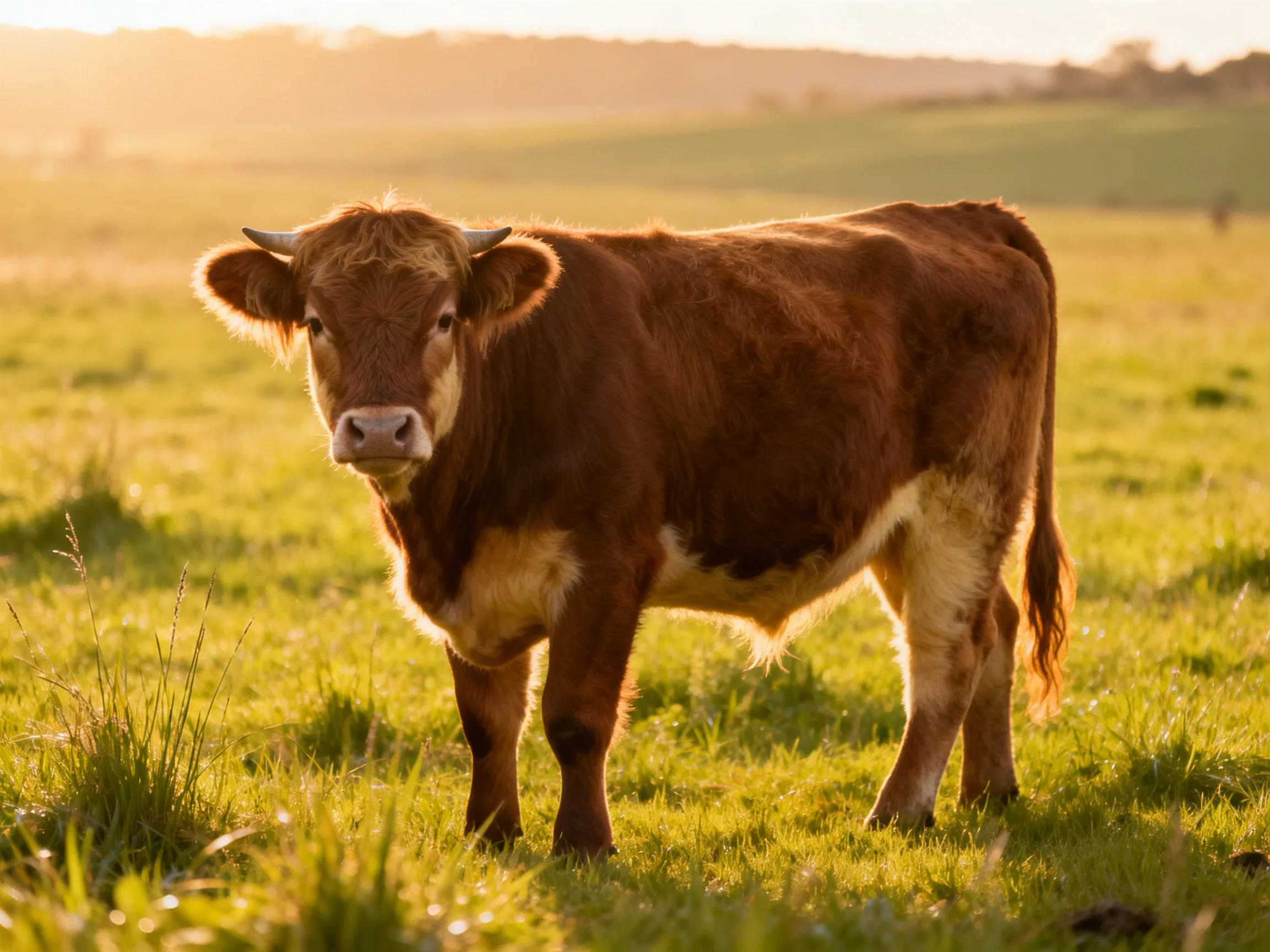A brown cow stands in a sunlit green pasture bathed in golden light
