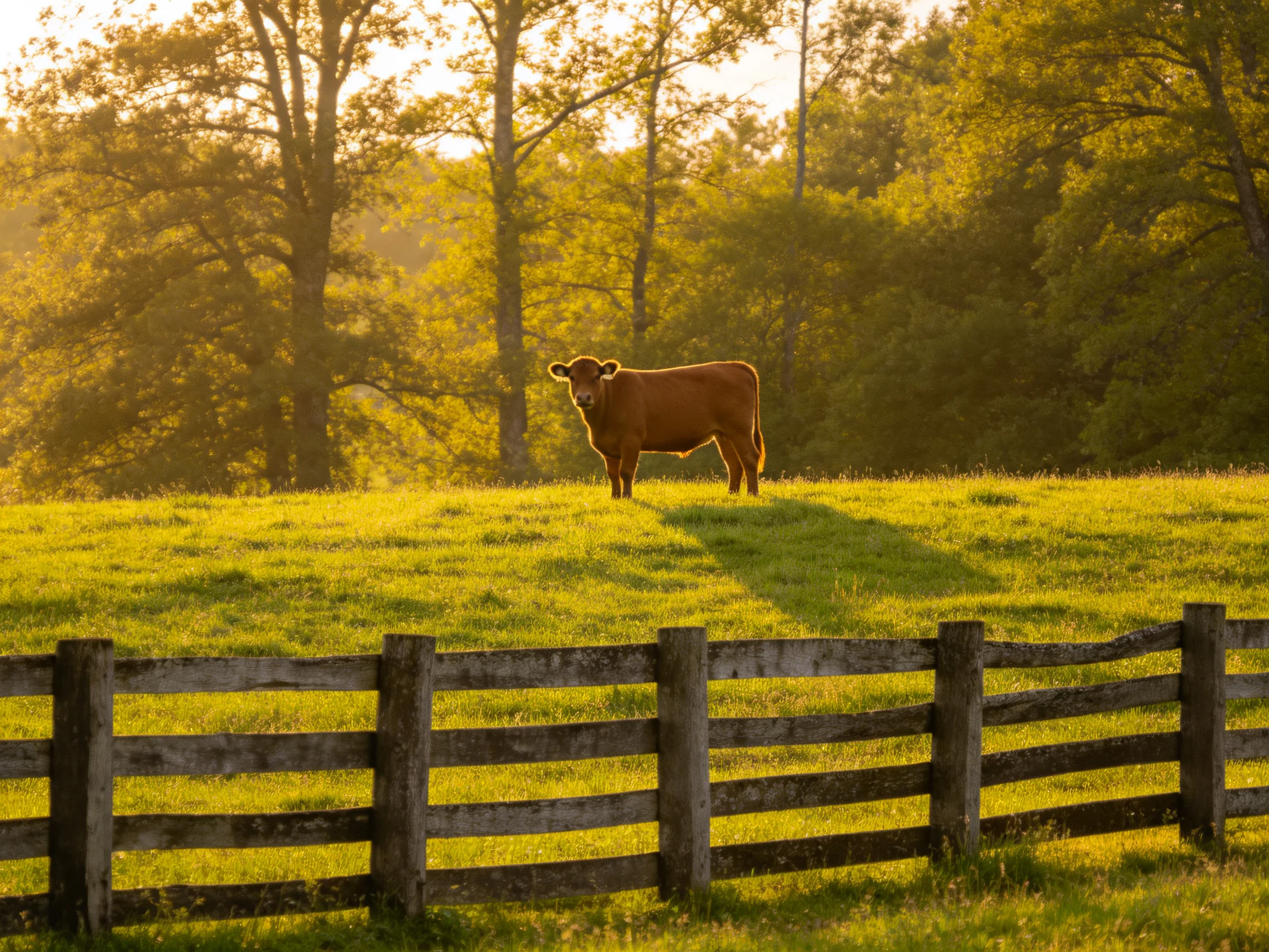 A brown cow stands in a sunlit green pasture near a wooden fence.