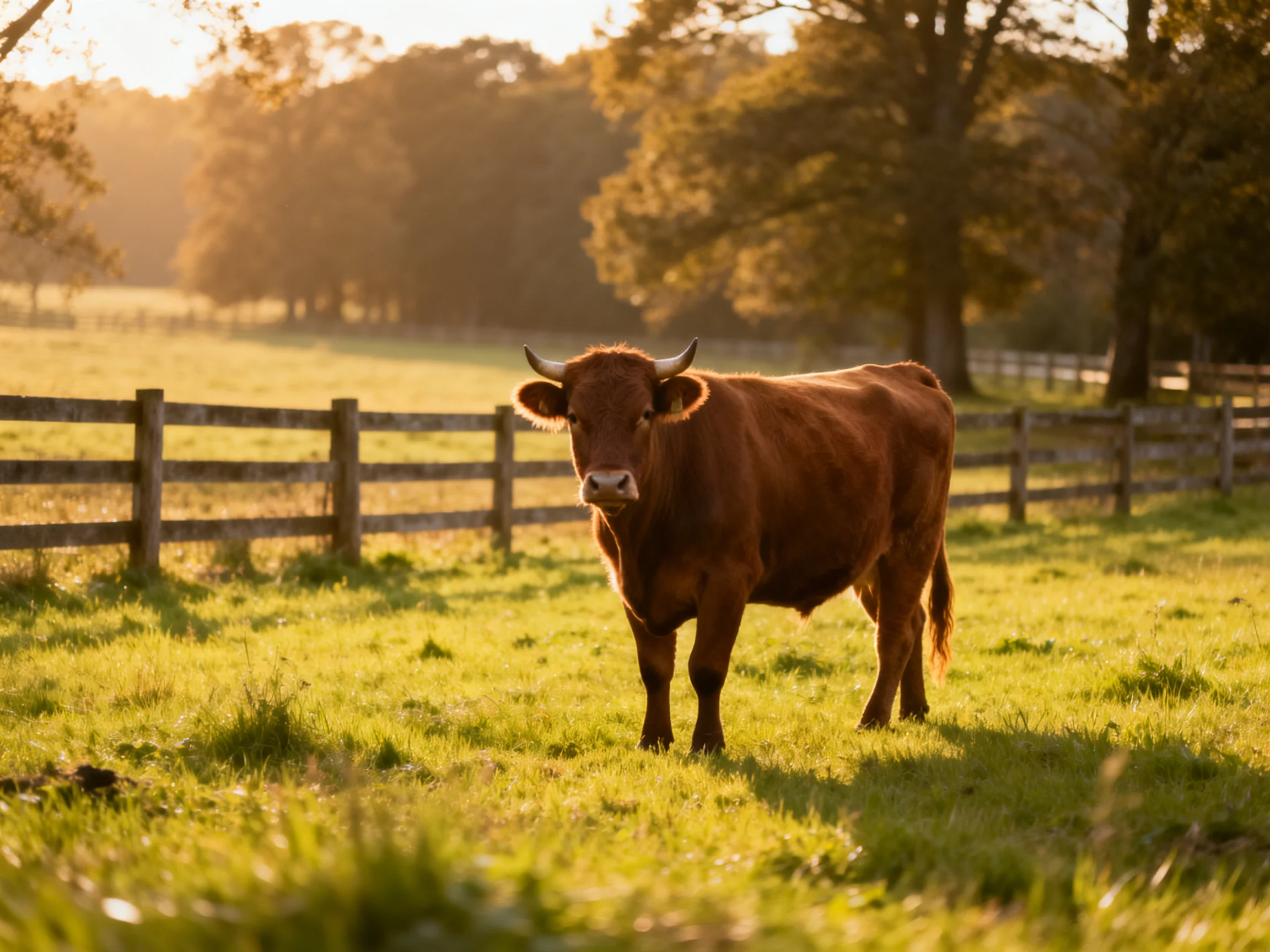 A brown cow stands in a sunlit pasture bordered by a wooden fence.