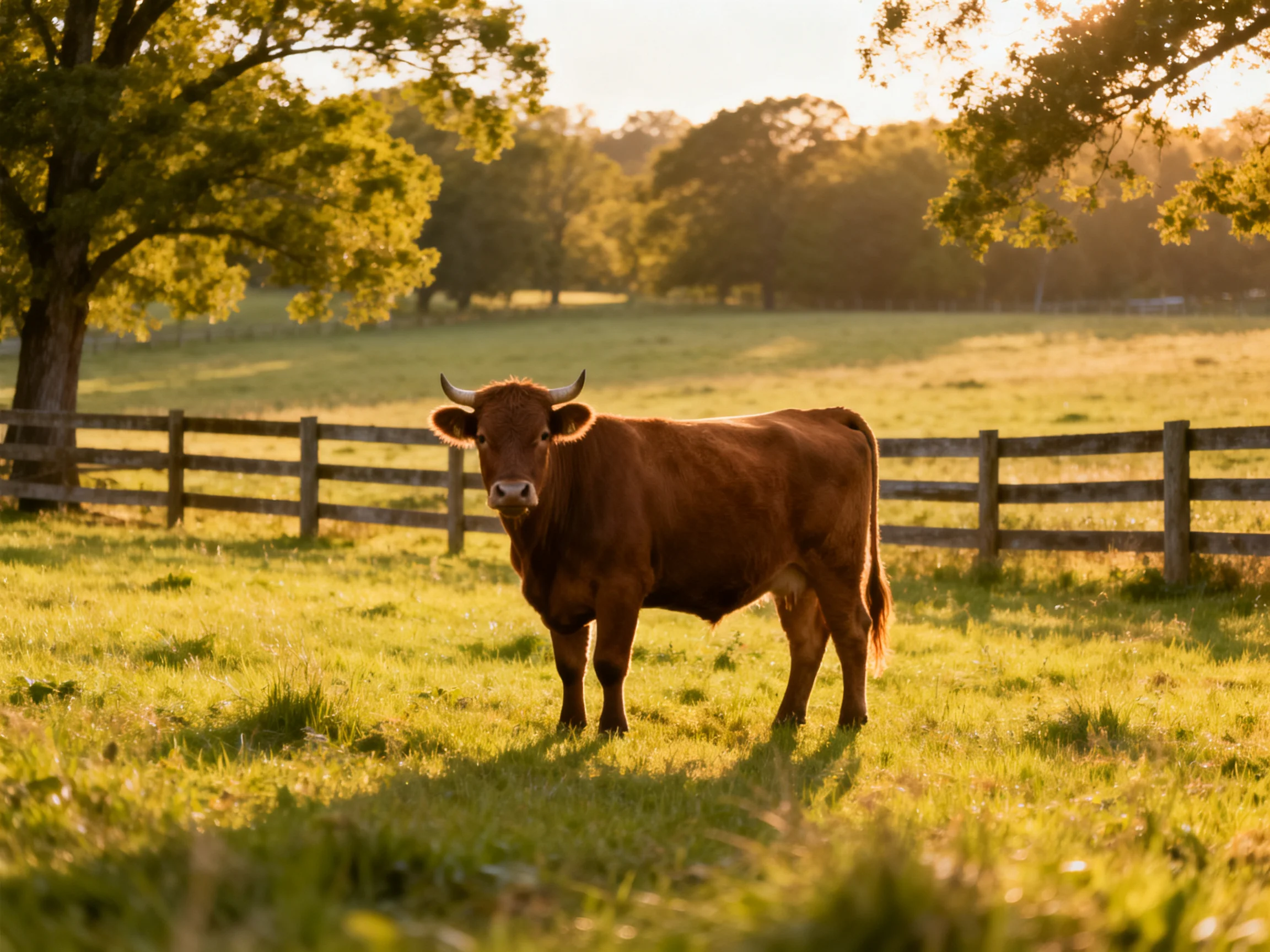 A brown cow stands in a sunlit green pasture near a wooden fence
