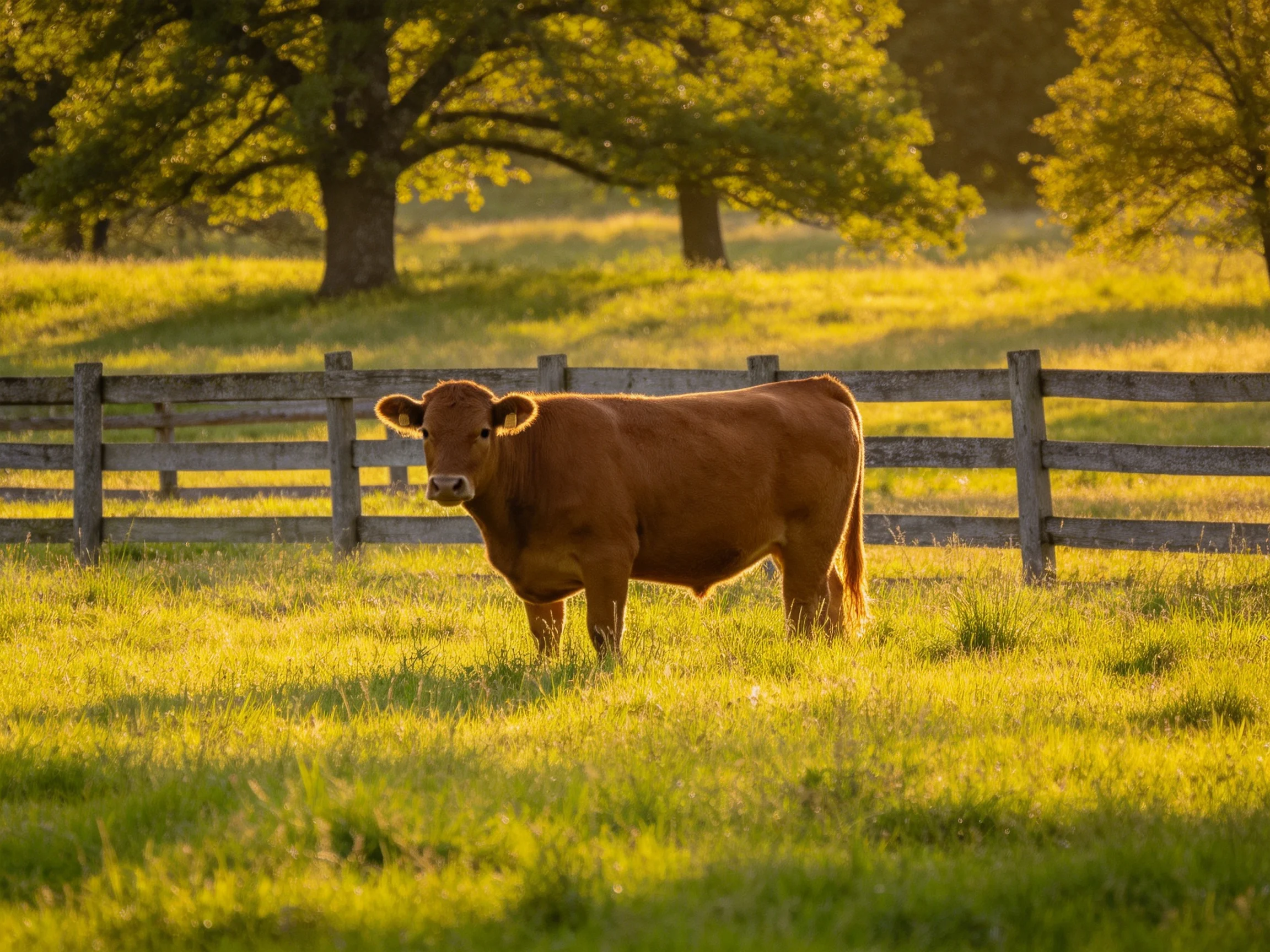 A brown cow stands in a sunlit green pasture near a wooden fence