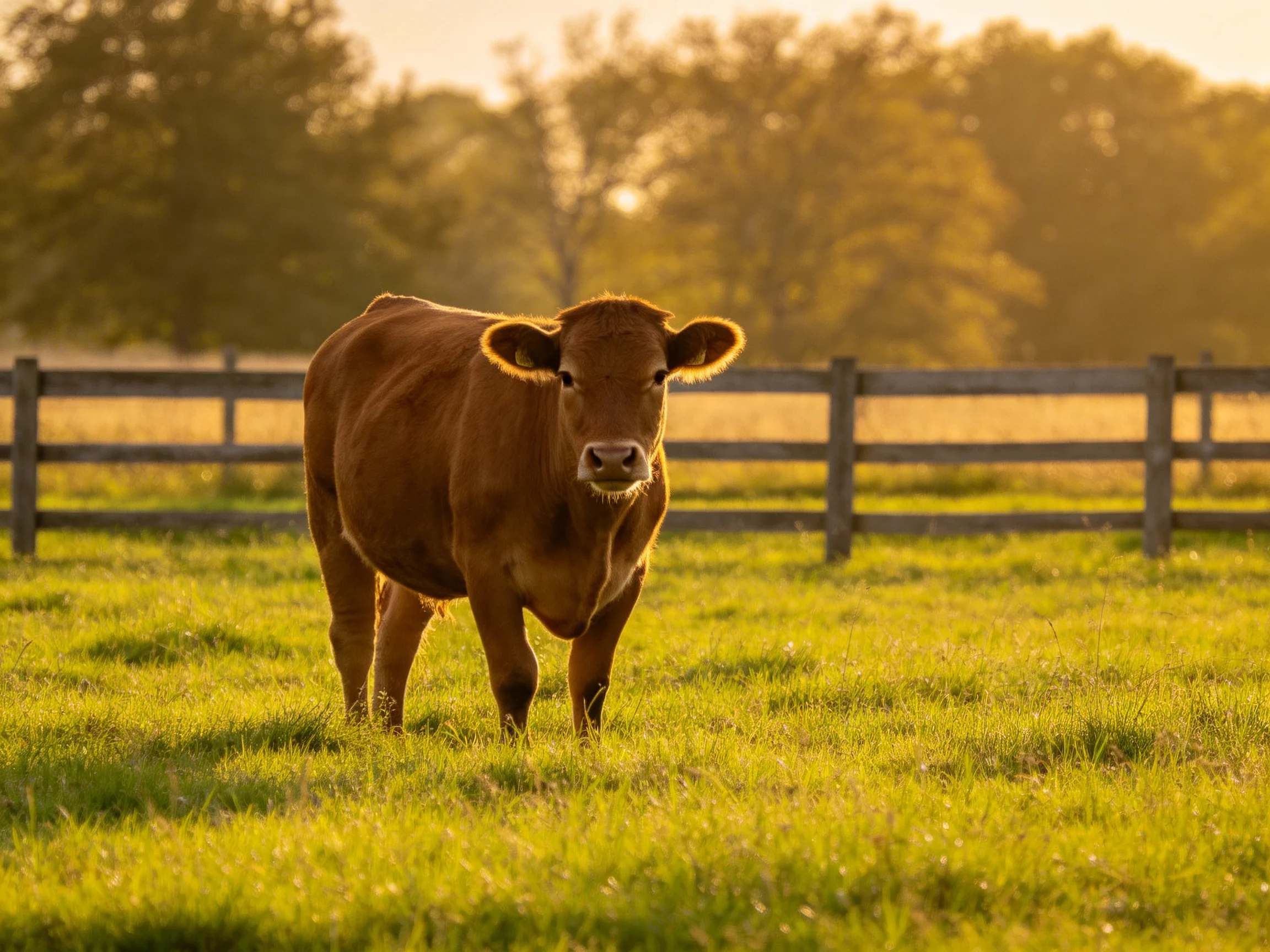 A brown cow stands in a sunlit green pasture with a wooden fence.