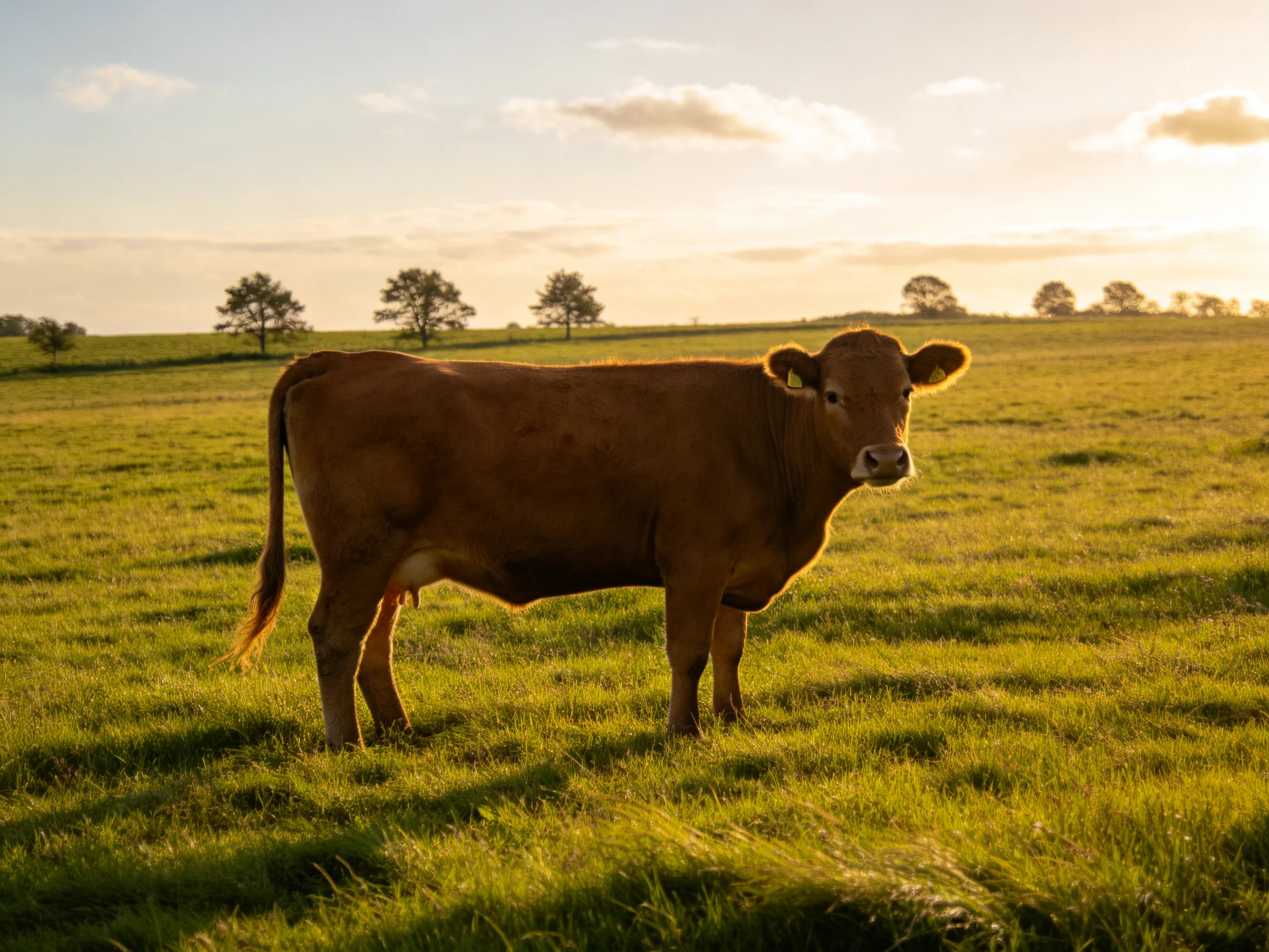 A brown cow stands in a sunlit green pasture with trees in the distance.