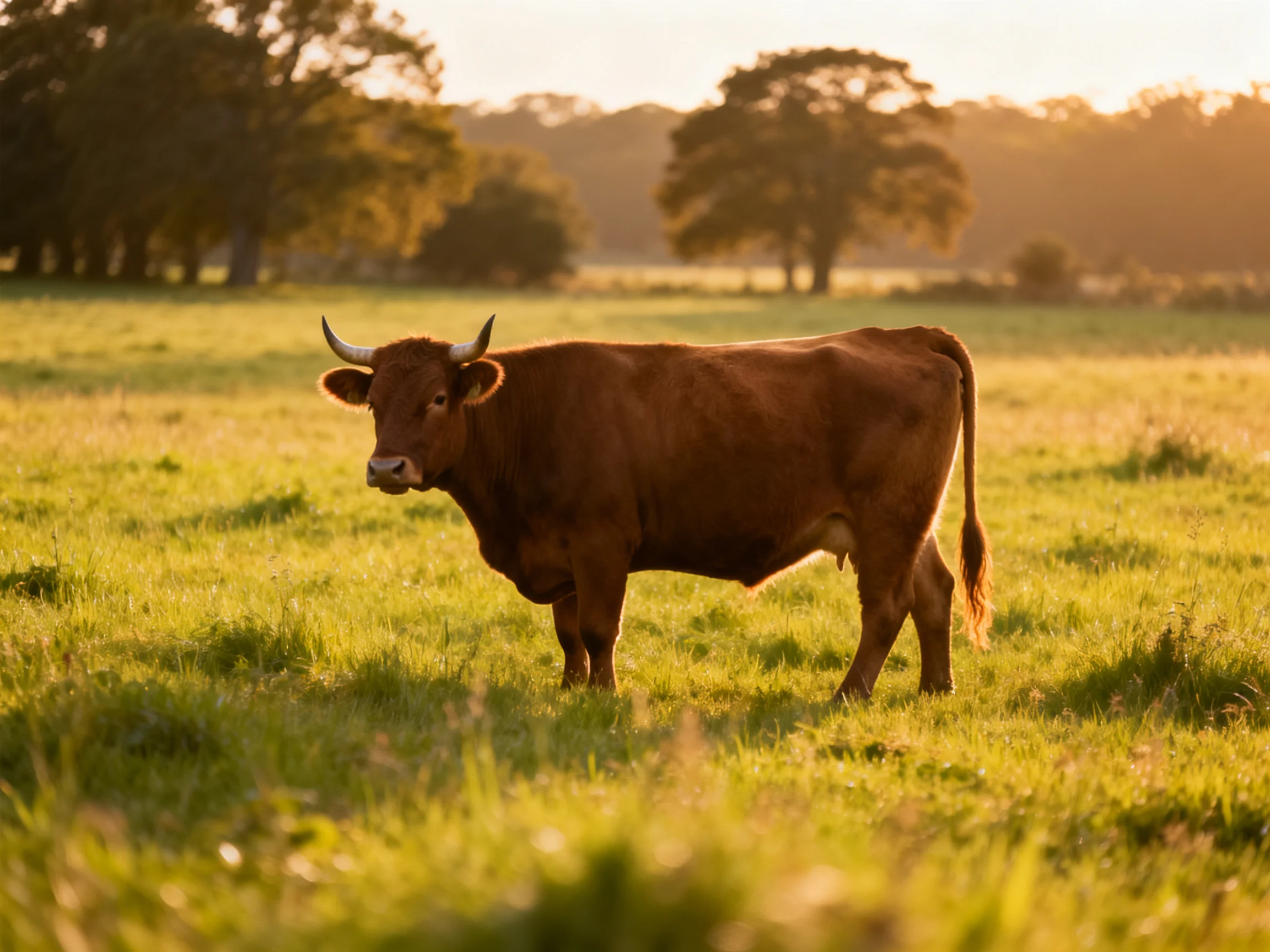 A brown cow stands in a sunlit green pasture near trees.