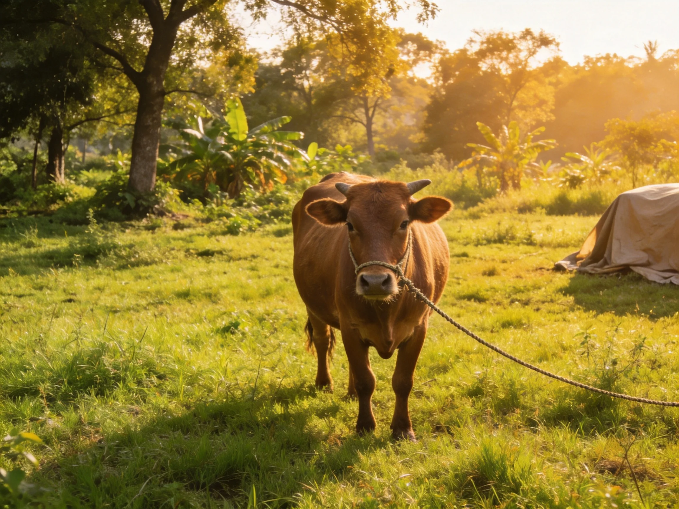 A brown cow is tied in a sunlit green pasture with trees nearby